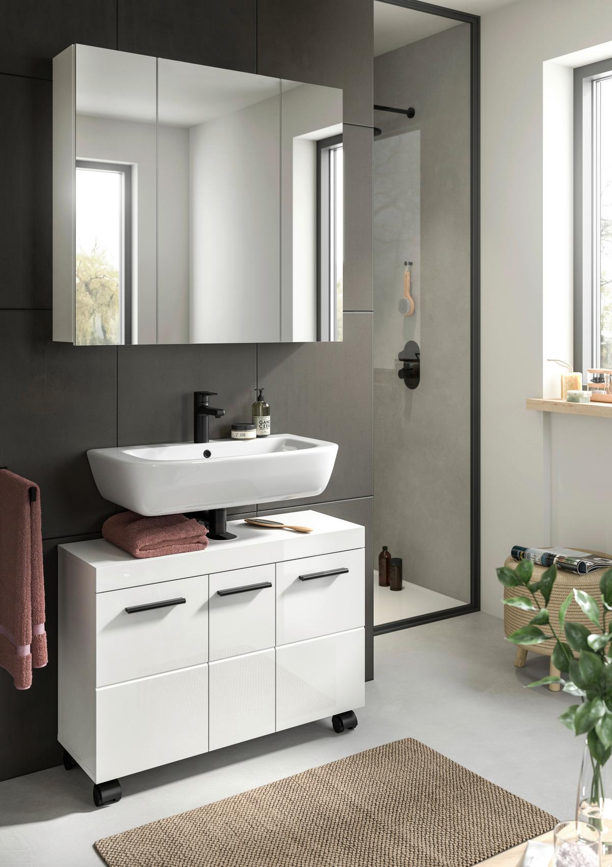 Badezimmer NOVA Weiß, Weiß Hochglanz 2-teilig - Weiß Hochglanz/Schwarz, Trend, Glas/Holzwerkstoff (82cm) - MID.YOU