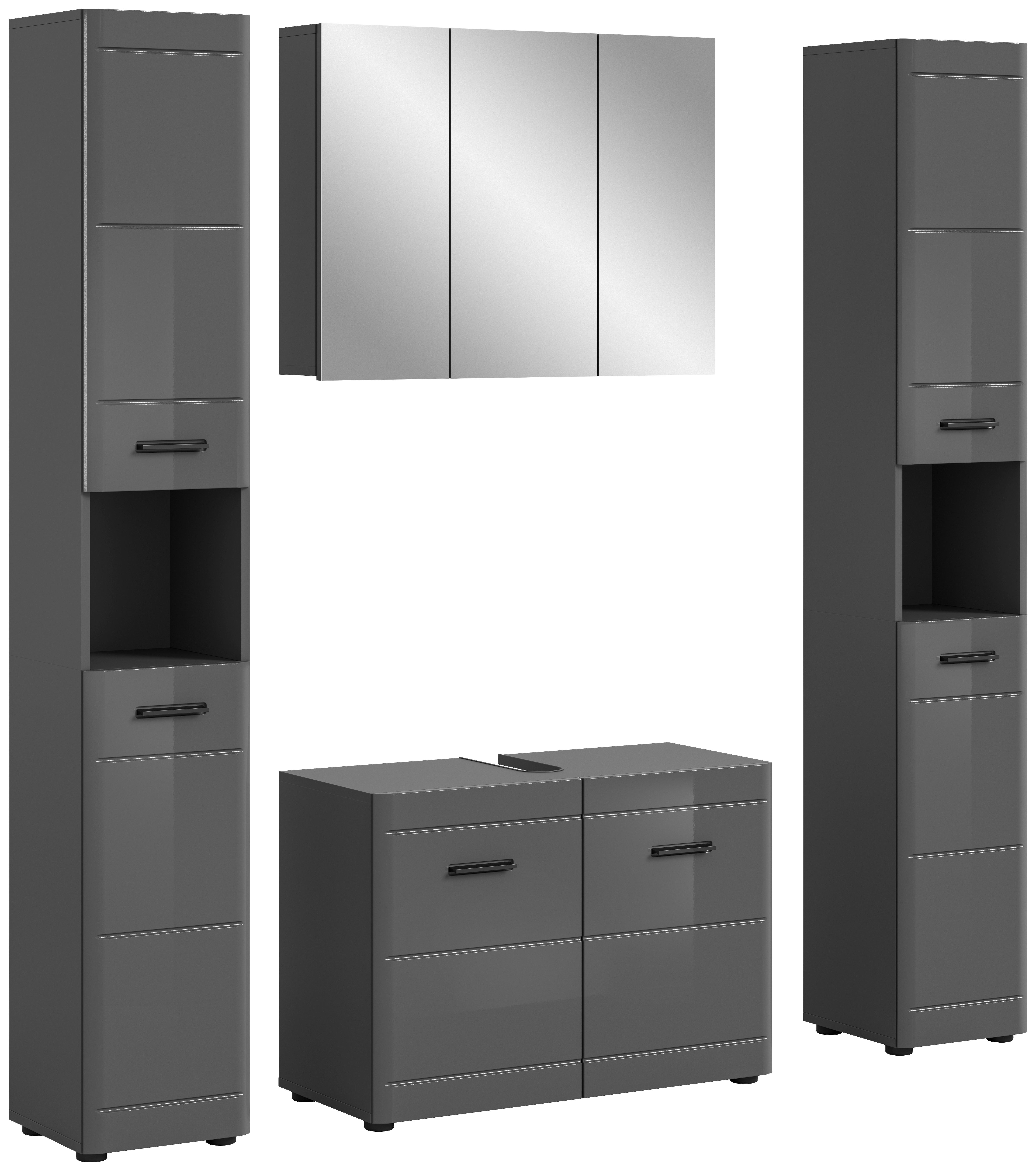 Badezimmer Soft 4-tlg. ca. 150 cm Grau hochglanz - Grau Hochglanz/Schwarz, MODERN, Holzwerkstoff/Kunststoff (150cm) - MID.YOU