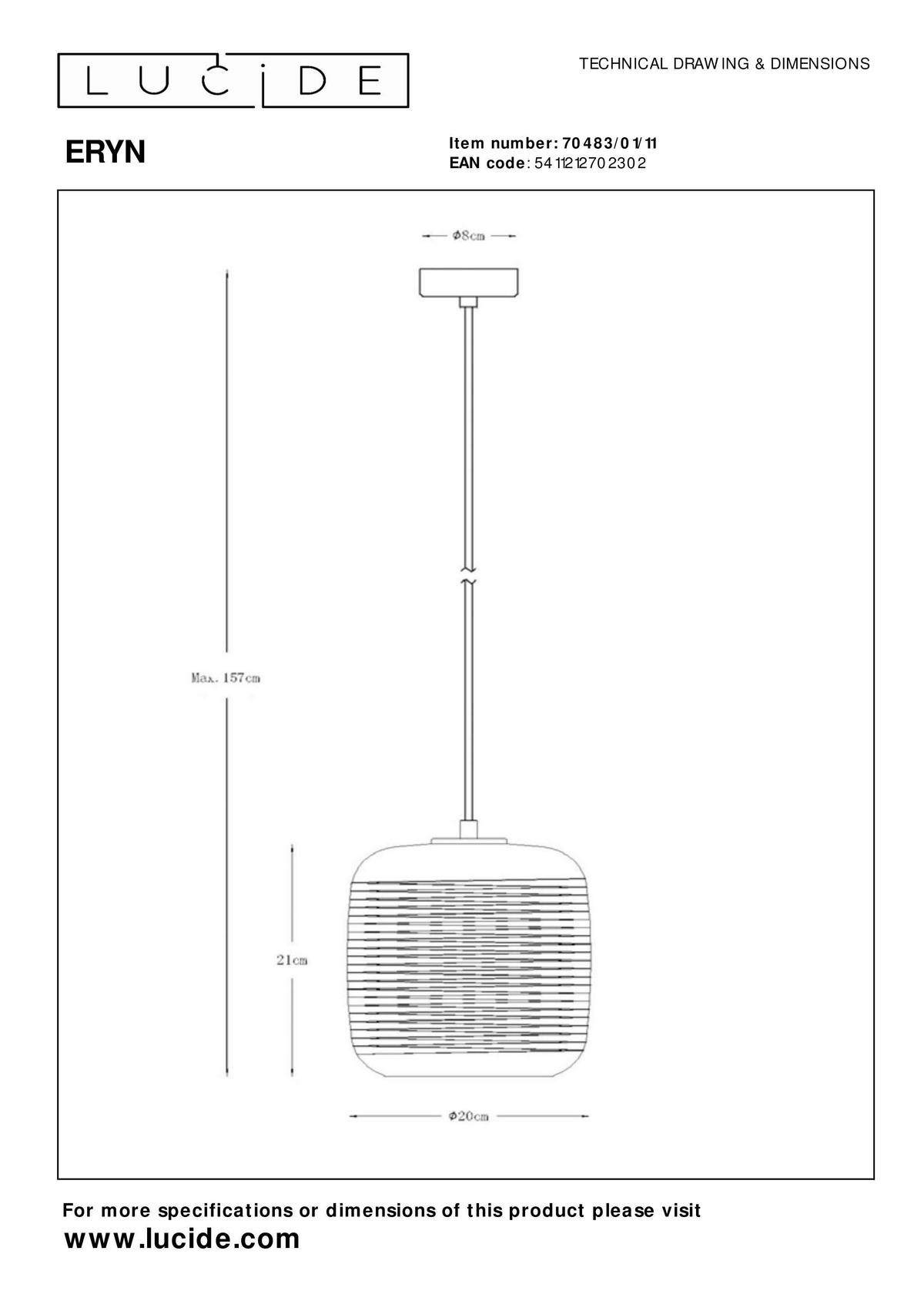 LAMPA WISZĄCA 70483/01/11 ERYN - kolor chromowy, Design, szkło (20/20/157cm) - Lucide