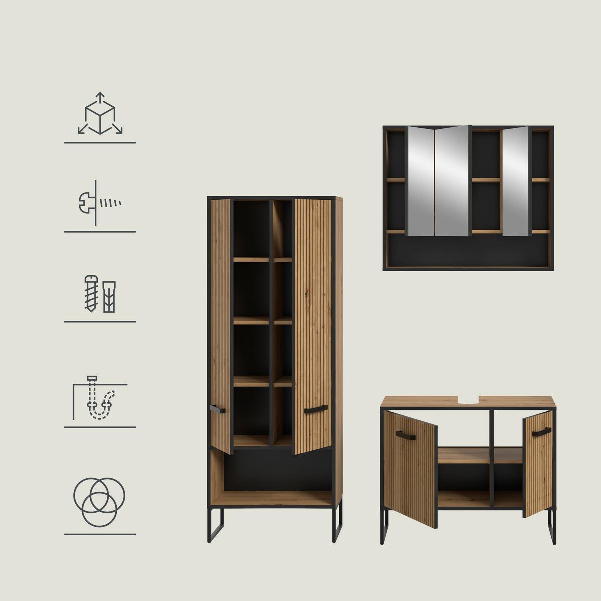 Badezimmer Bagno 3-tlg. Eiche Artisan/Schwarz - Schwarz/Eiche Artisan, Trend, Glas/Holzwerkstoff (139cm) - MID.YOU