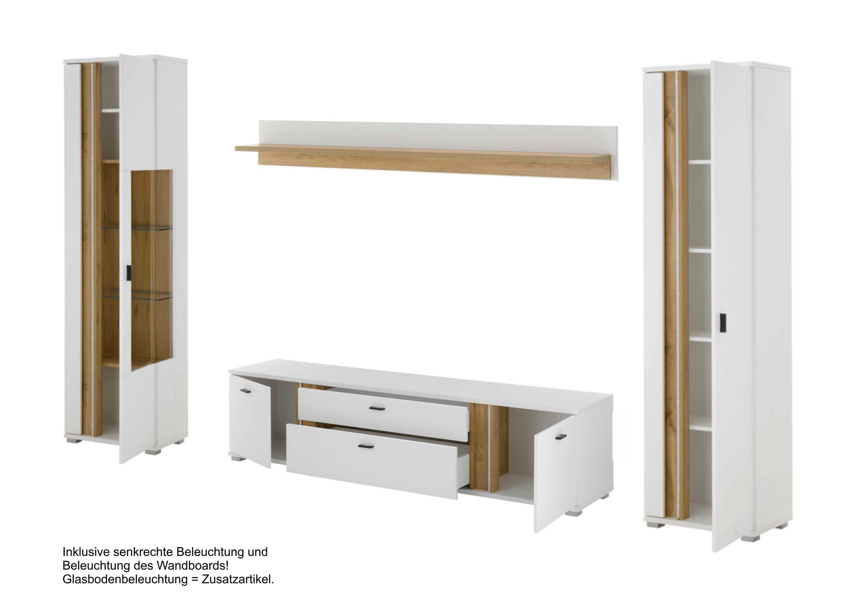 WOHNWAND LONG ISLAND - Eiche Wotan/Silberfarben, Design, Glas/Holzwerkstoff (330/200/42cm) - MID.YOU
