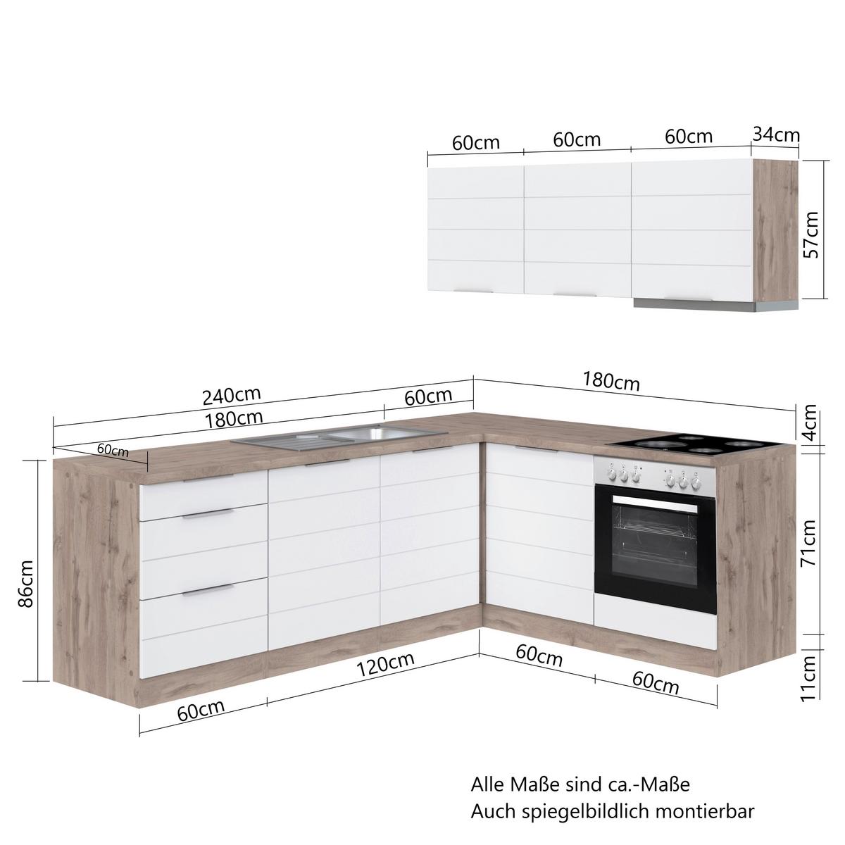 Eckküche Florenz mit Geräten ca. 240x180 cm Grau/Eiche - Eiche Wotan/Grau, Design, Holzwerkstoff/Metall (240/180cm) - Held