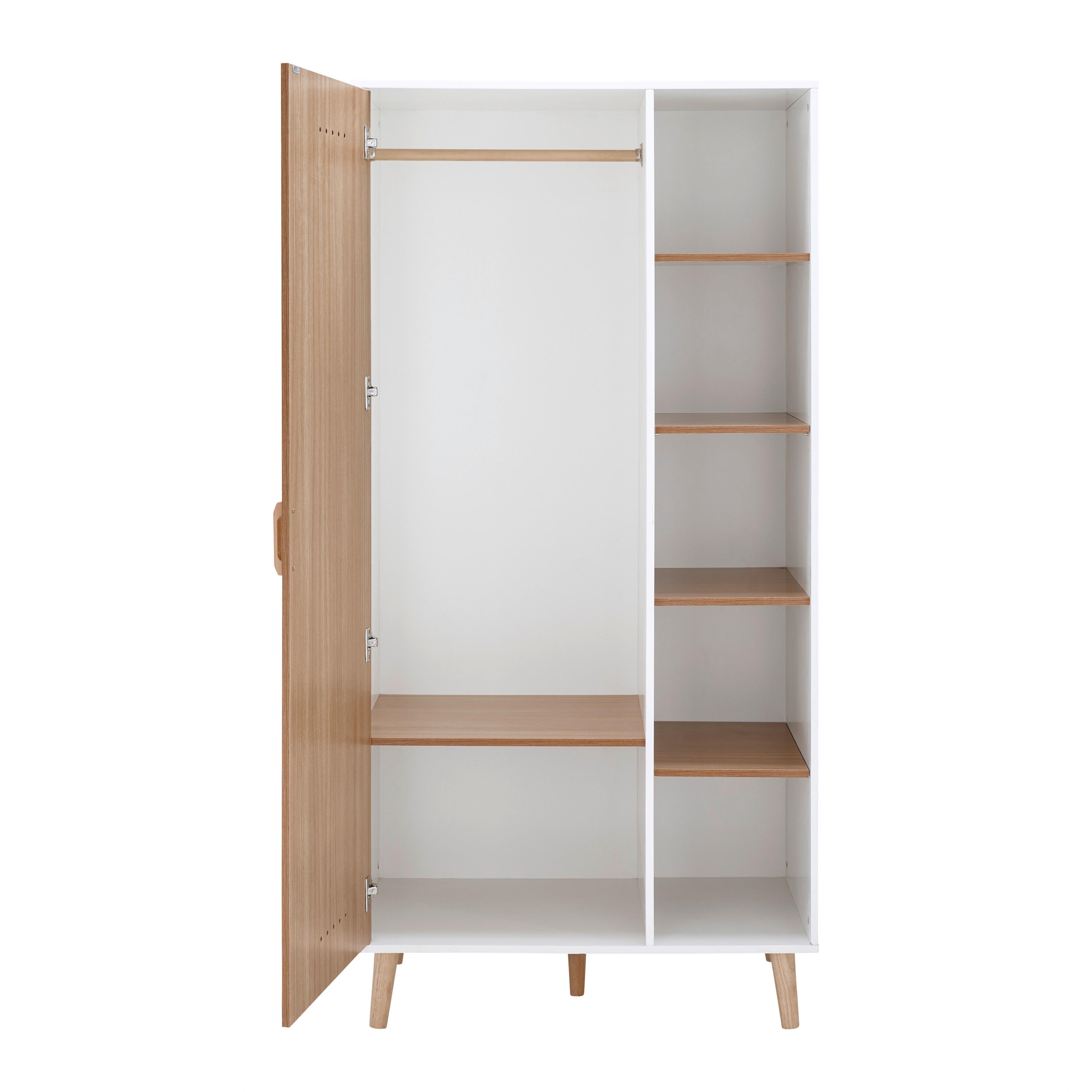 Kleiderschrank Holz, "Poppy", teilmassiv - Weiss/Naturfarben, Modern, Holz/Holzwerkstoff (90/185/55cm) - Bessagi Kids