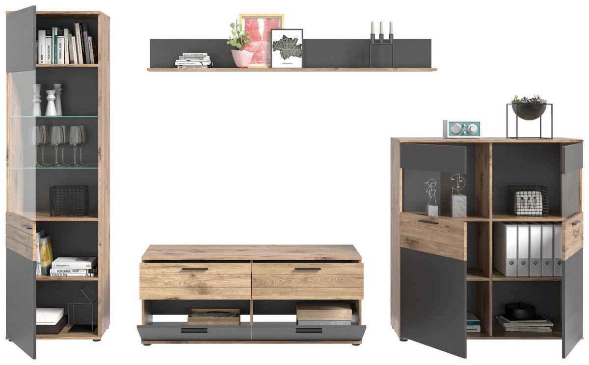 Dnevni Regal Mason, 4-Delno, Siva, Barva Hrasta - siva/črna, Konvencionalno, umetna masa/steklo (327/200/44cm) - MID.YOU