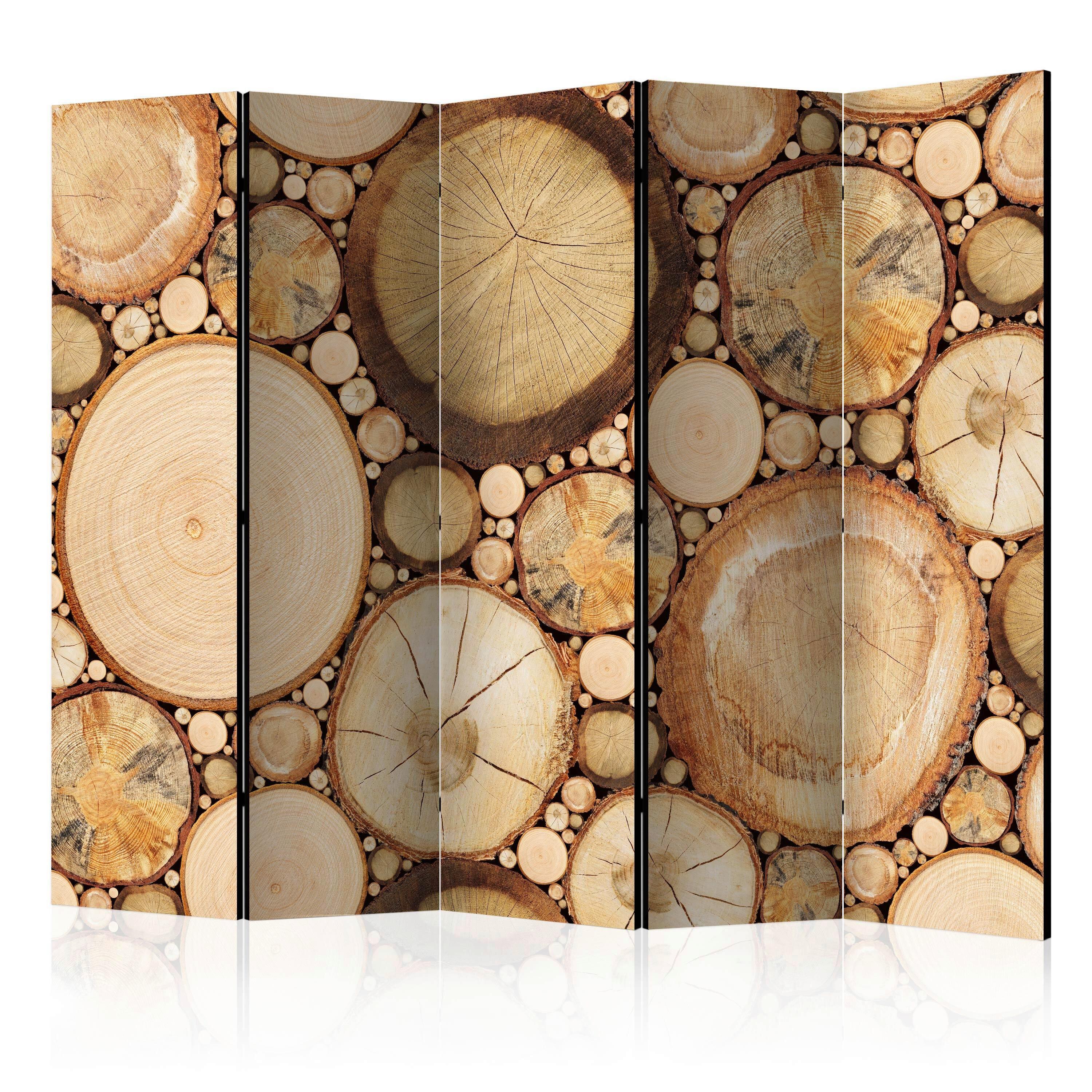 Paravan Wood Grains I, 5-Delni, Akustičen - bež/rjava, Basics, umetna masa/tekstil (225/172/3cm) - artgeist
