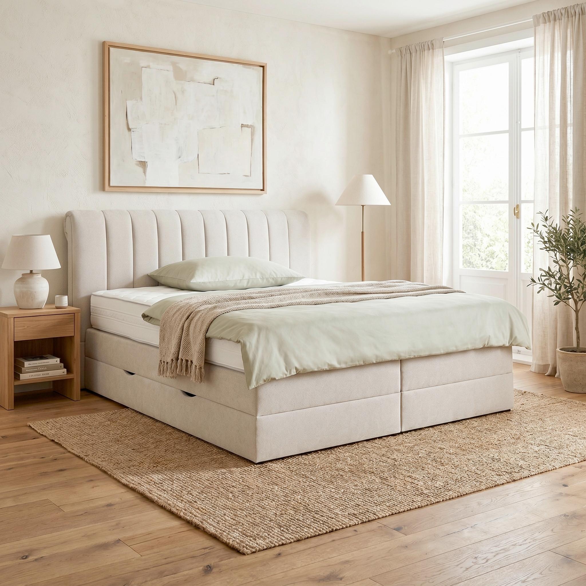 Boxspringbett Belano Creme ca. 200x200cm - Creme, KONVENTIONELL, Holz/Holzwerkstoff (200/200cm) - Premium Living