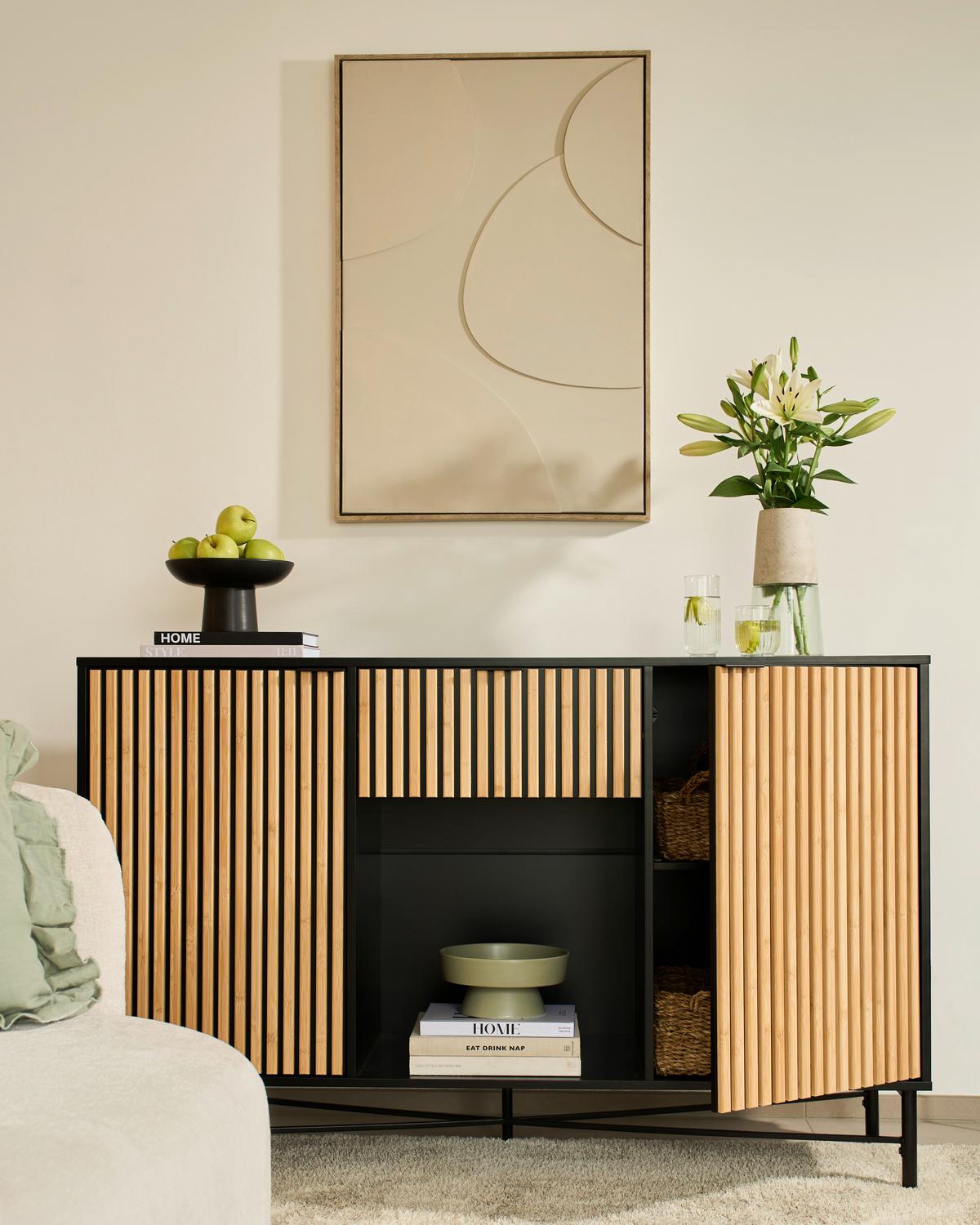 Sideboard Madrid Schwarz/Naturfarben massiv - Eichefarben/Schwarz, MODERN, Holz/Holzwerkstoff (143/90/40cm) - Mömax