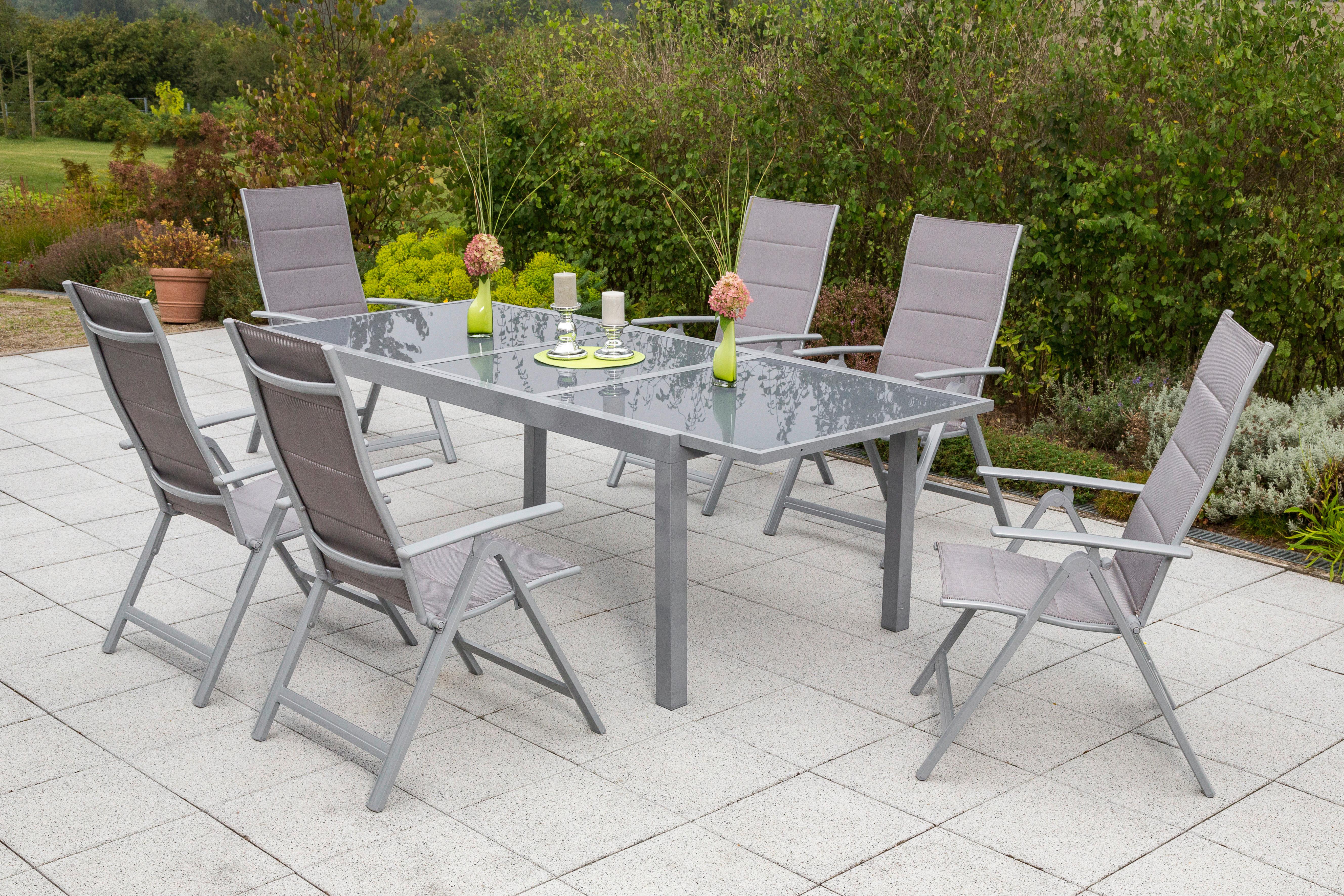 Gartengarnitur 7-tlg. Taviano Metall/Textil/Glas - Silberfarben/Braun, ROMANTIK / LANDHAUS, Textil/Metall - Gardenson