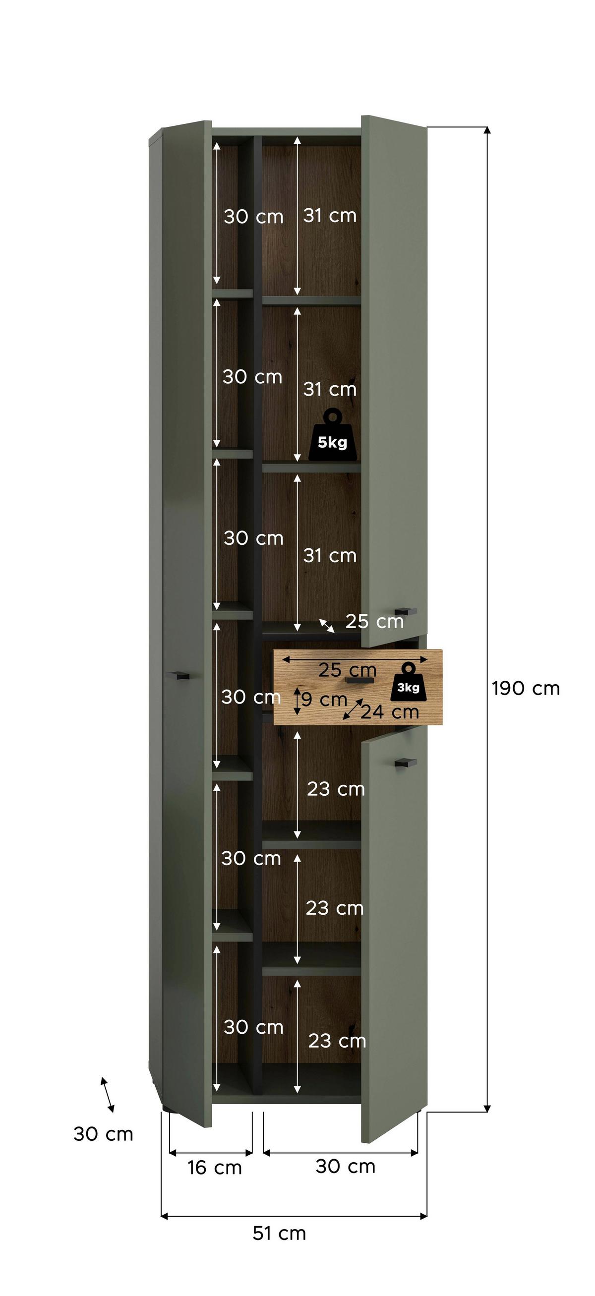 Hochschrank Aqua Grün/Eichefarben - Eichefarben/Schwarz, Trend, Holzwerkstoff/Kunststoff (51/191/30cm) - MID.YOU