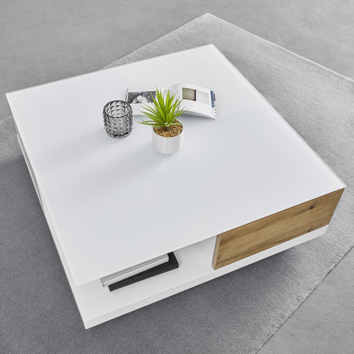 STOLIK KAWOWY NEVIO - kolor dębowy/biały, Modern, szkło (85/85/30cm) - Bessagi Home