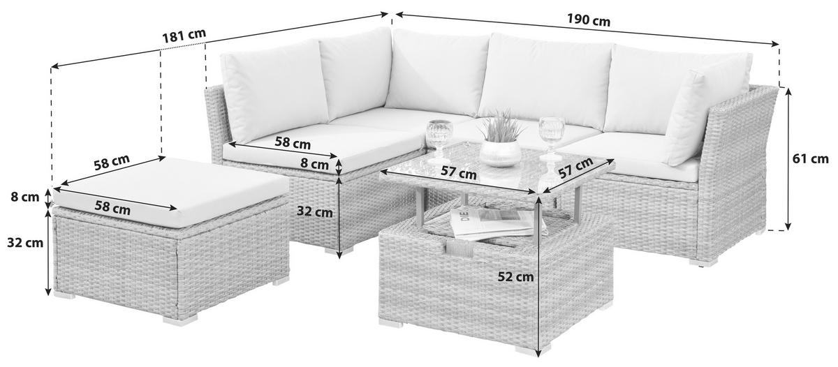 Lounge Garnitura Malaga, Siva, Prilagodljivo - siva, Konvencionalno, kovina/umetna masa (190/40/181cm) - Gardenson