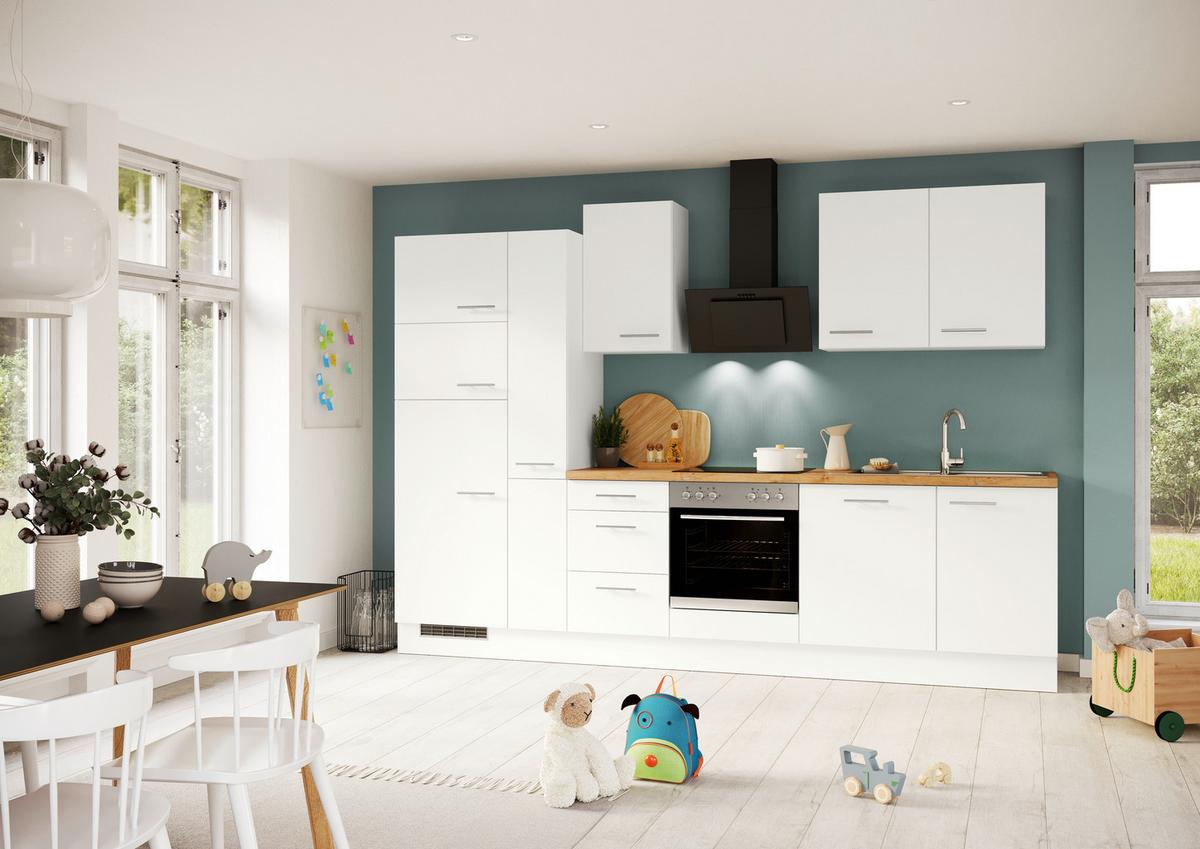 Küchenblock IBZ ohne Gertäte ca. 310 cm Weiß - Edelstahlfarben/Eichefarben, Design, Holzwerkstoff/Metall (310cm) - Impuls