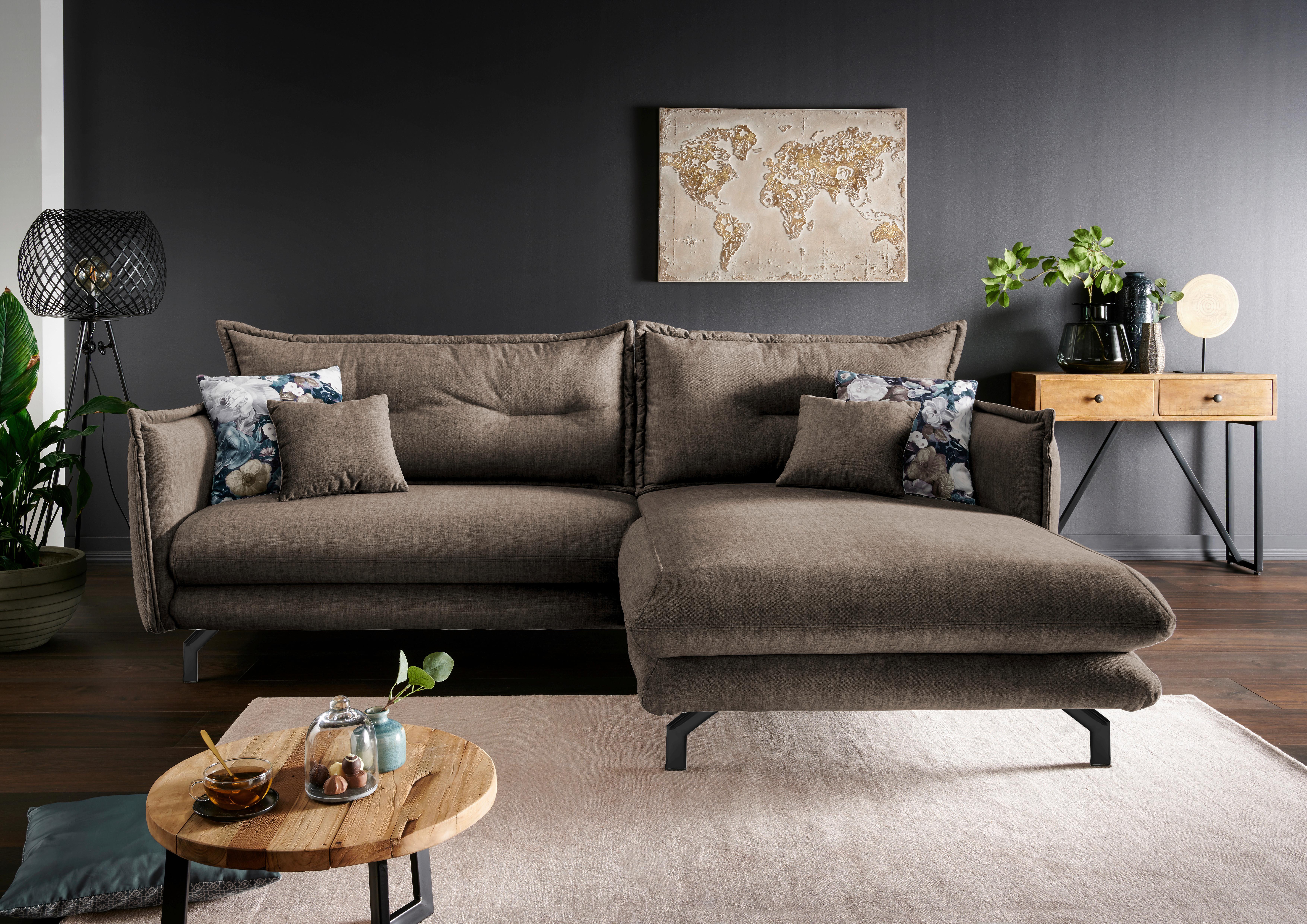 Wohnlandschaft Lava Braun Velours - Türkis/Schwarz, MODERN, Textil/Metall (255/180cm) - Livetastic