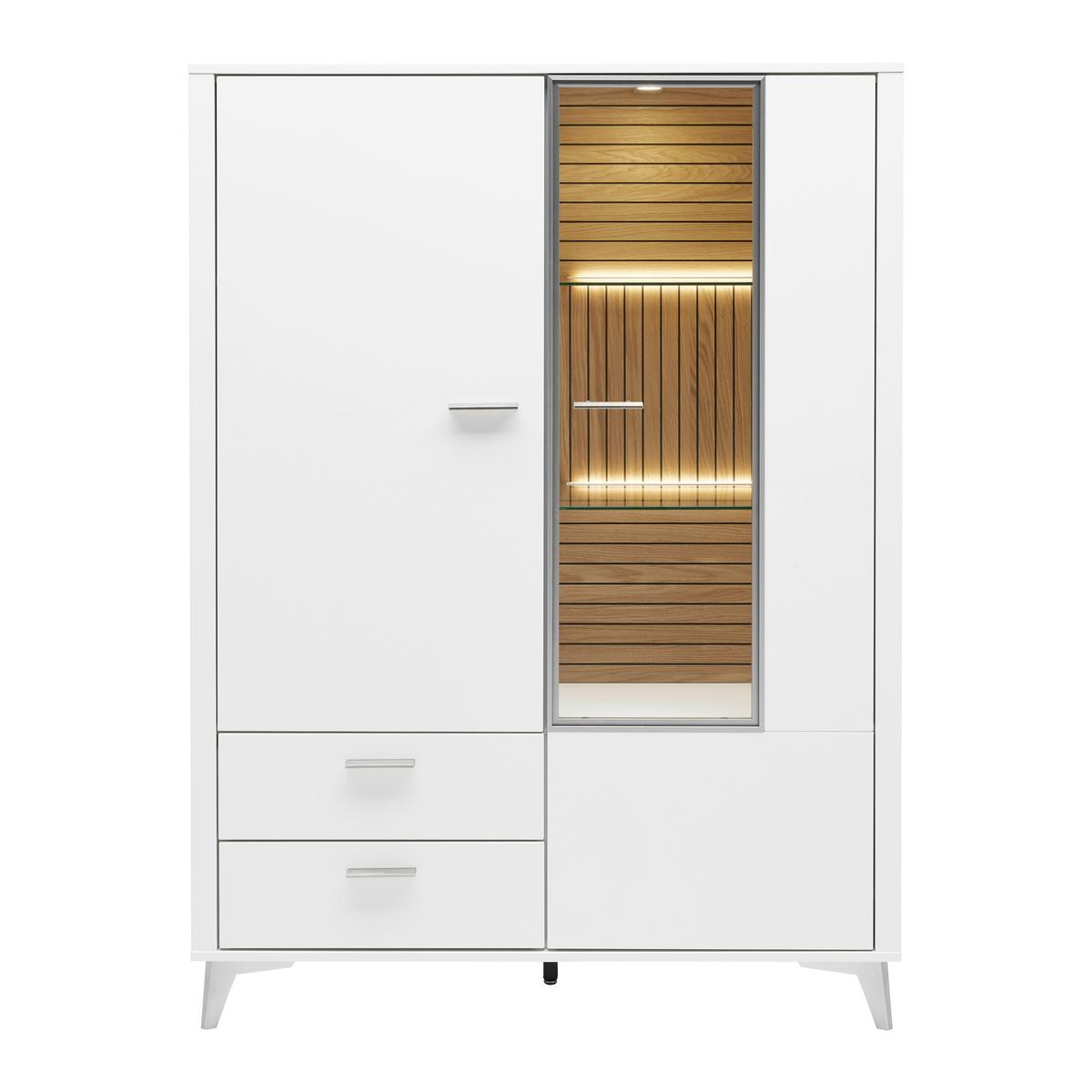 Highboard Studio 11 in Weiß/Eichefarben - Eichefarben/Alufarben, MODERN, Glas/Holzwerkstoff (115/155/40cm) - Premium Living