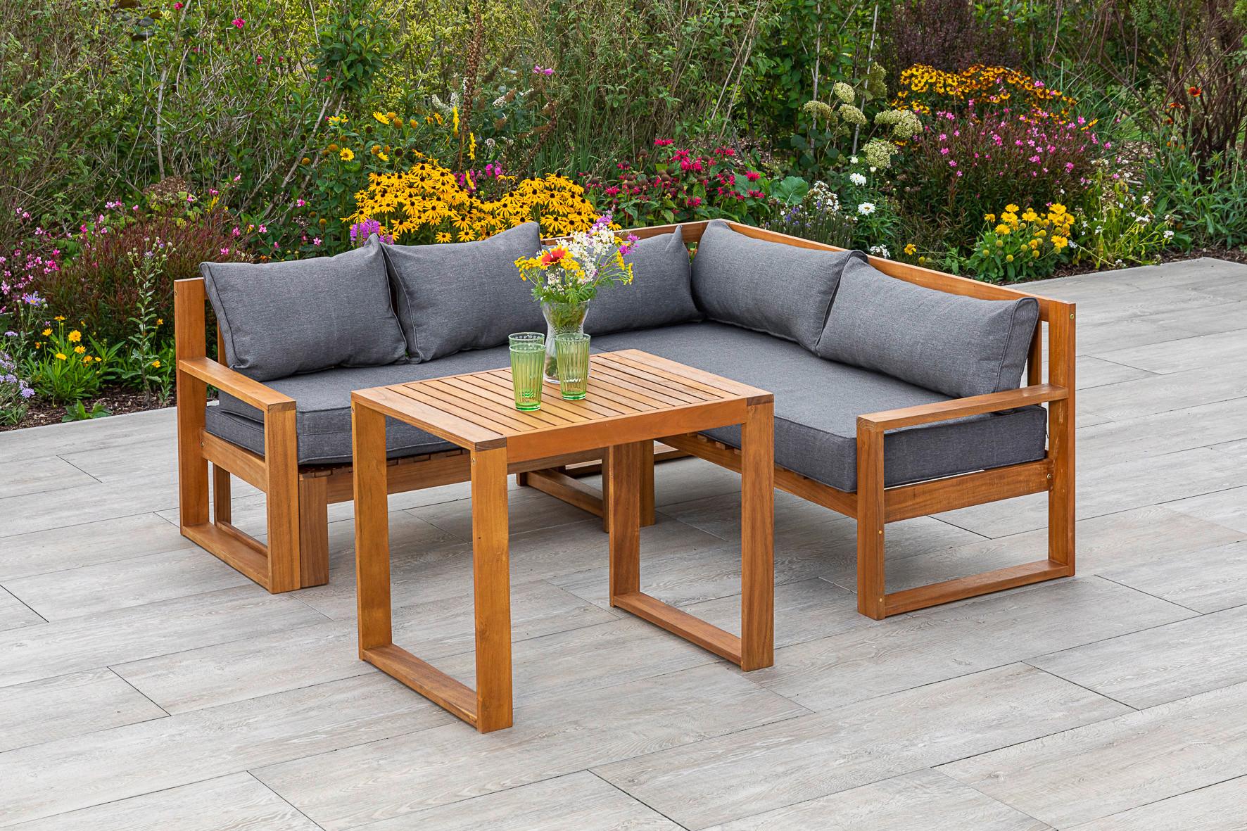 Loungegarnitur "Merida" Grau/Naturfarben - Naturfarben/Grau, MODERN, Holz (182/166/62,5cm) - Gardenson