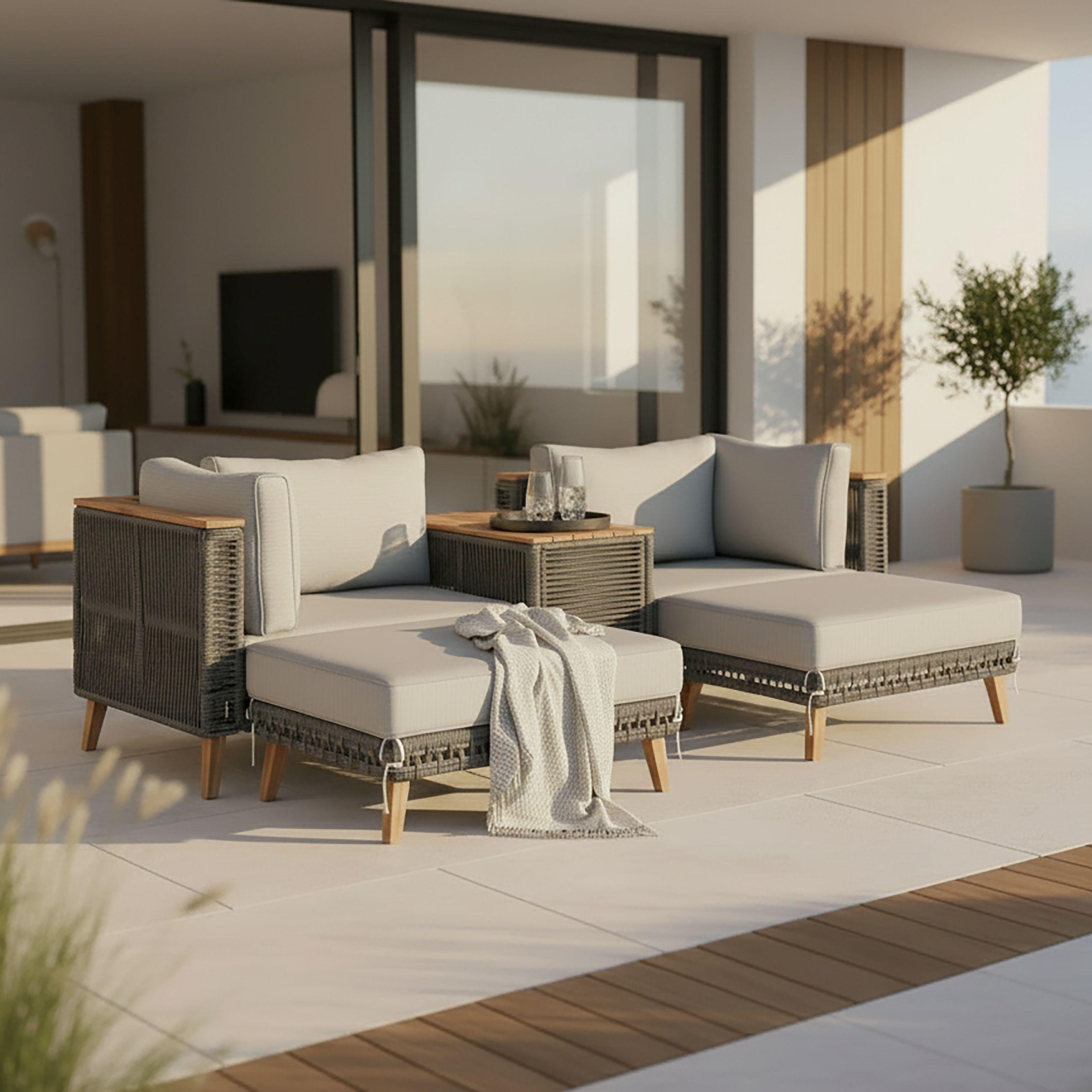 Loungegarnitur Marilou Grau Outdoorgewebe/Kunststoff/Holz - Grau/Akaziefarben, MODERN, Holz/Kunststoff - Bessagi Garden