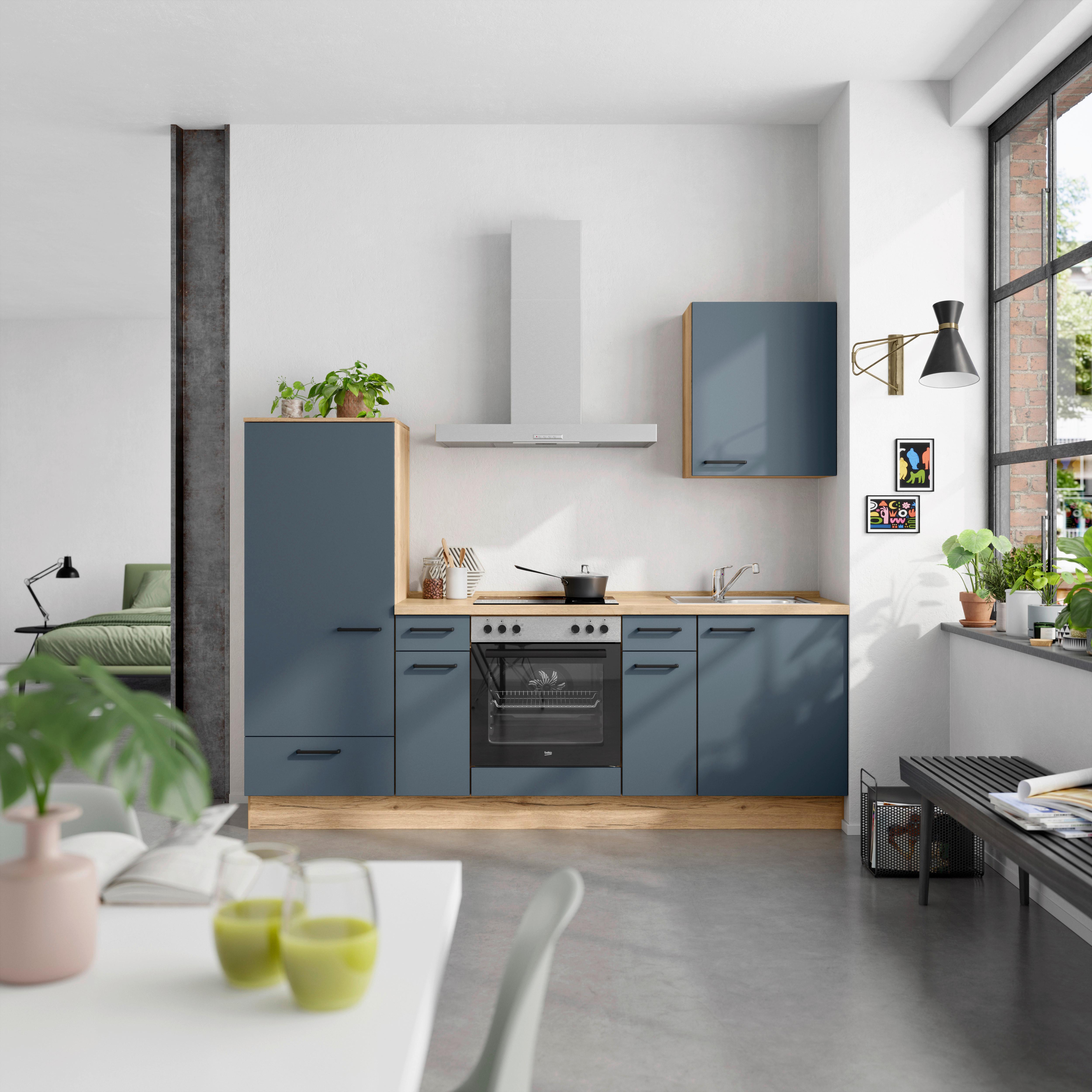 Küchenblock Easytouch Low m. Geräten Dunkelblau - Eichefarben/Schwarz, MODERN, Holzwerkstoff/Metall (240cm) - Nobilia