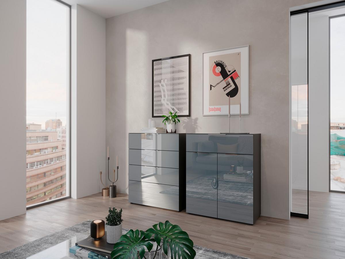 Kommode Oakland in Grau/Graphitfarben - Chromfarben/Graphitfarben, Modern, Glas/Holzwerkstoff (83/102/42cm) - Premium Living