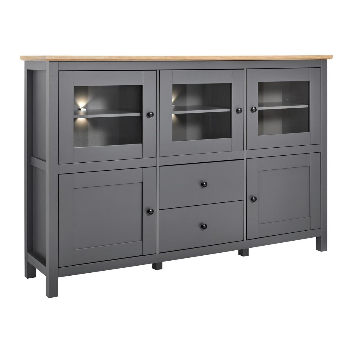 Sideboard Claudio Dunkelgrau/Eiche MDF - Dunkelgrau/Schwarz, MODERN, Glas/Holz (186/126/44cm) - Bessagi Home