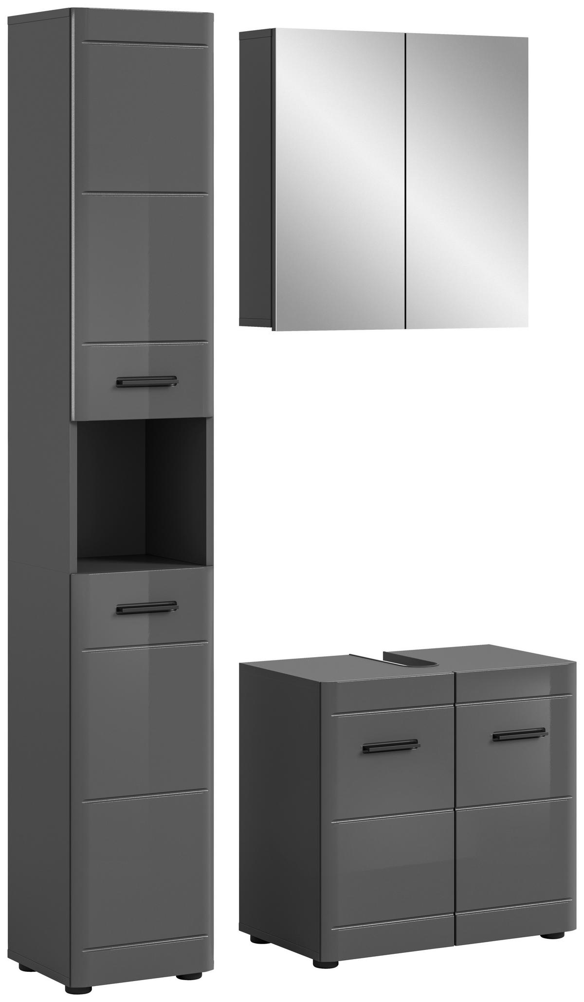 Badezimmer Soft 3-tlg. ca. 90 cm Grau hochglanz - Grau Hochglanz/Schwarz, MODERN, Holzwerkstoff/Kunststoff (90cm) - MID.YOU