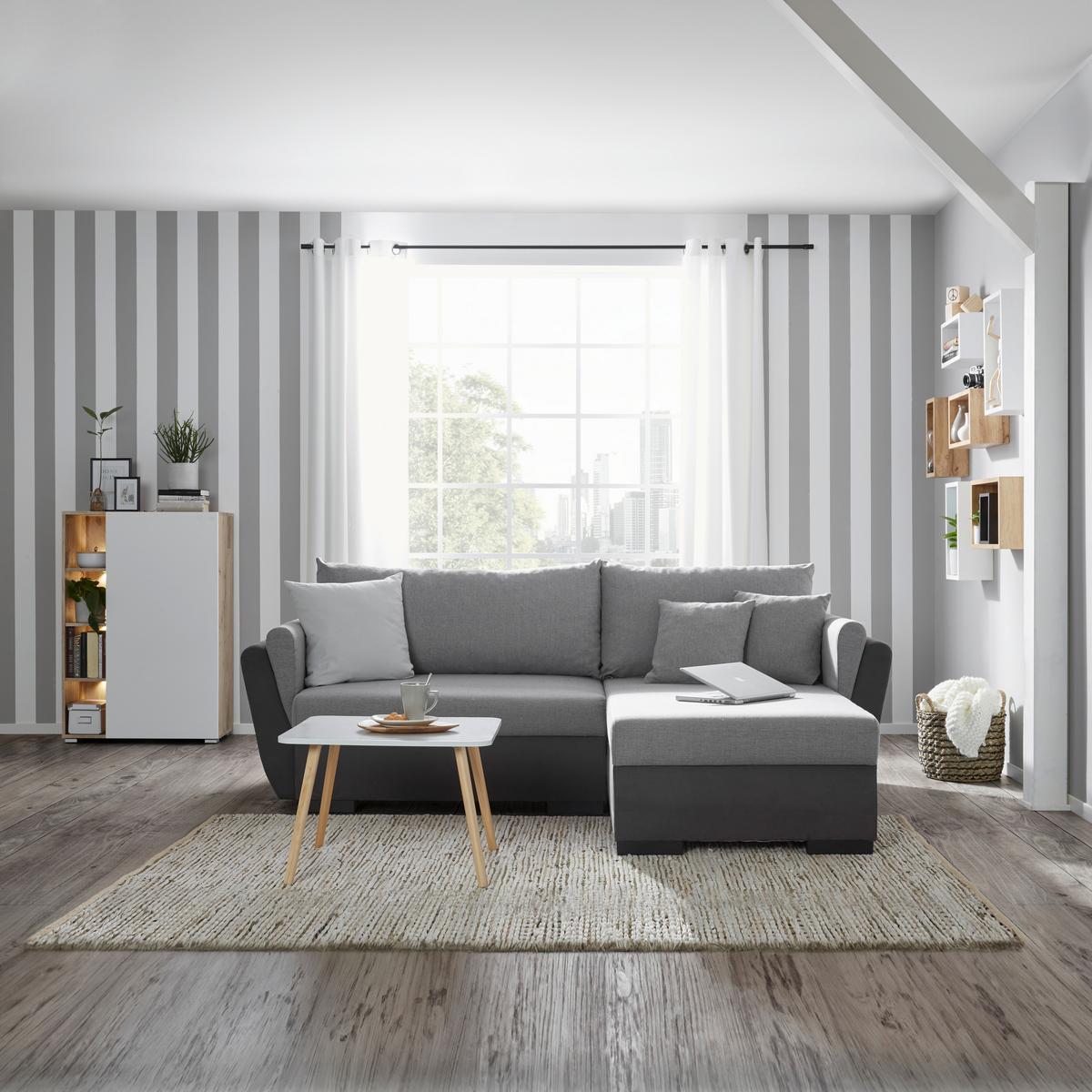 Ecksofa Lugano in Grau mit Bettfunktion - Hellgrau/Schwarz, Konventionell, Kunststoff/Textil (230/84/167cm) - Based