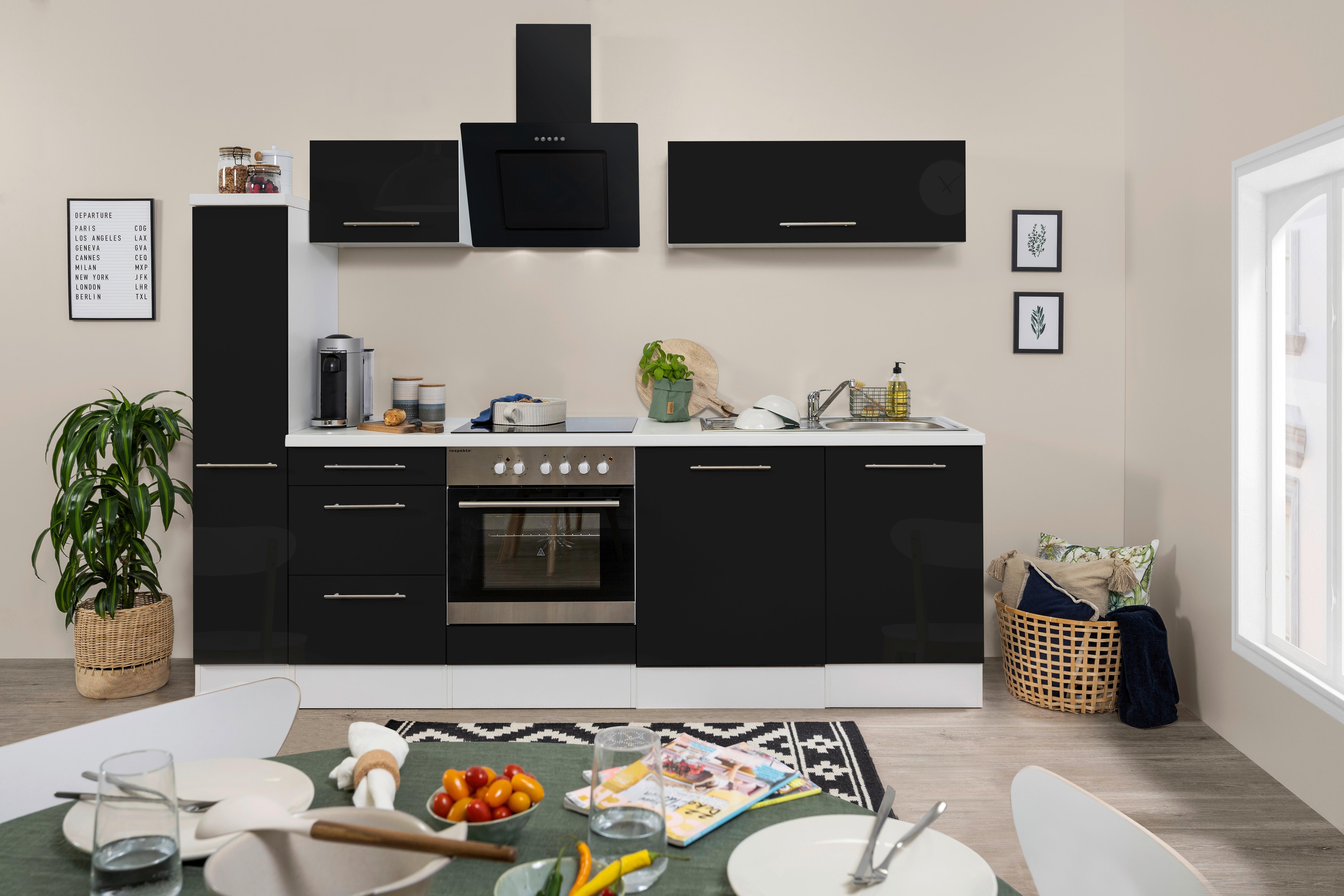 Küchenzeile Schwarz Hochglanz Weiß mit Geräte B: ca. 250 cm - Schwarz/Alufarben, KONVENTIONELL, Holzwerkstoff (250cm) - Respekta