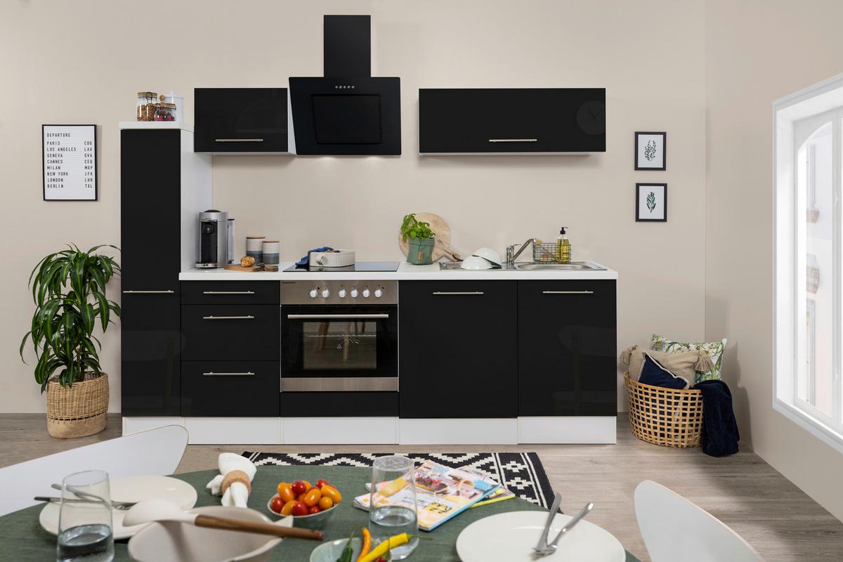 Küchenzeile Schwarz Hochglanz Weiß mit Geräte B: ca. 250 cm - Schwarz/Alufarben, KONVENTIONELL, Holzwerkstoff (250cm) - Respekta