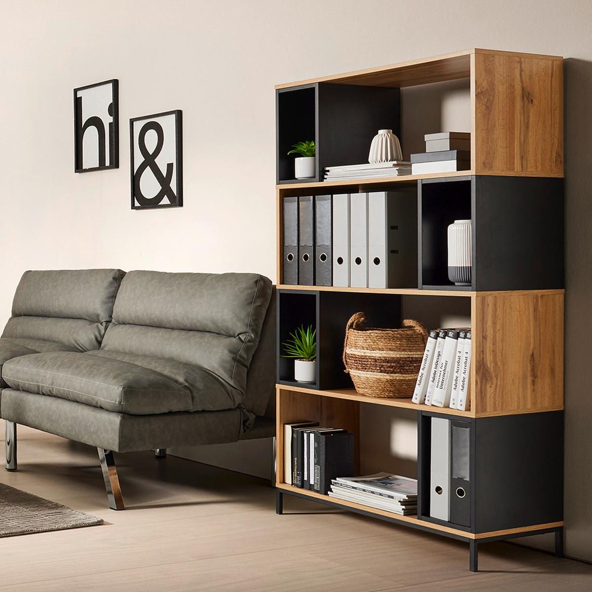 Polcos Szekrény Megy - fekete/tölgyfa, Modern, fém (80/158/40cm) - Bessagi Home