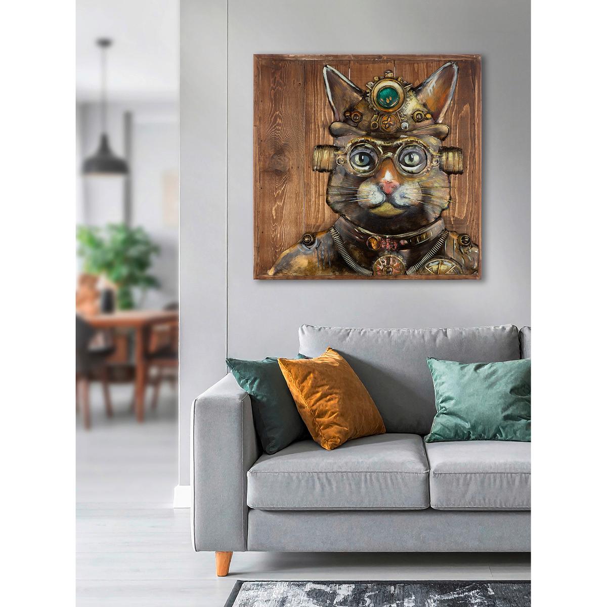 Metallbild Steampunk Cat Braun/Hellbraun - Hellbraun/Braun, Basics, Holz/Metall (50/50/5,5cm)