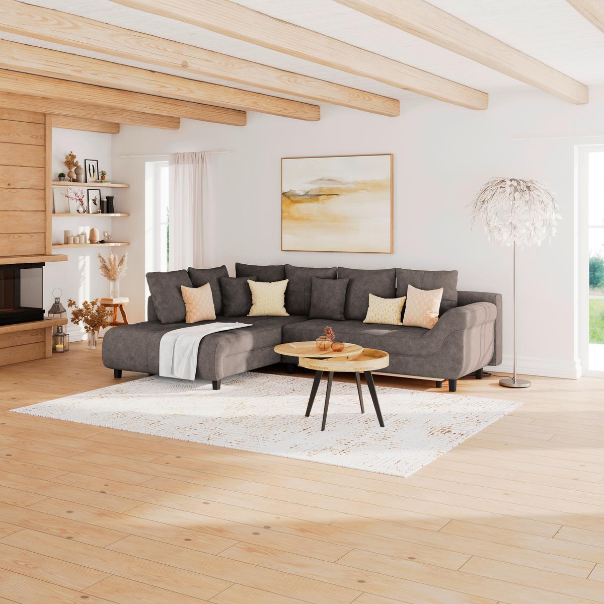 Kutna Garnitura Mendoza - sivo-smeđa/crna, Design, tekstil/drvo (197/309cm) - Modern Living