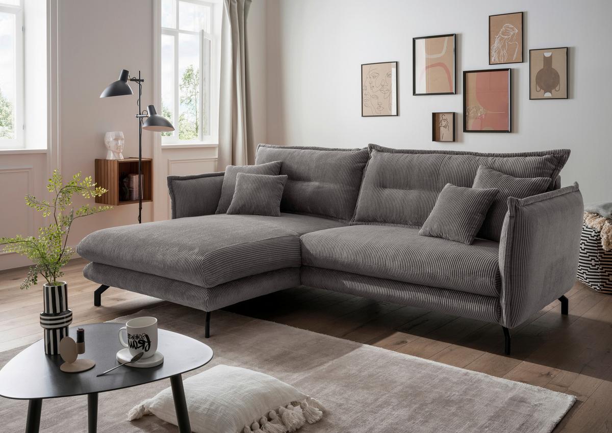 Wohnlandschaft Lava Grau Cord - Schwarz/Grau, MODERN, Textil/Metall (180/255cm) - Livetastic