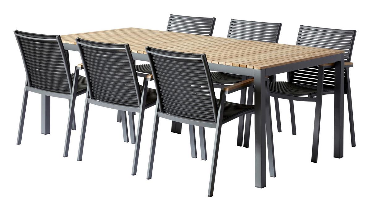 Gartentischgruppe Mood Extreme 7-tlg. Anthrazit/Teak - Anthrazit/Schwarz, Natur, Holz/Kunststoff (209/84/150cm) - Gardenson