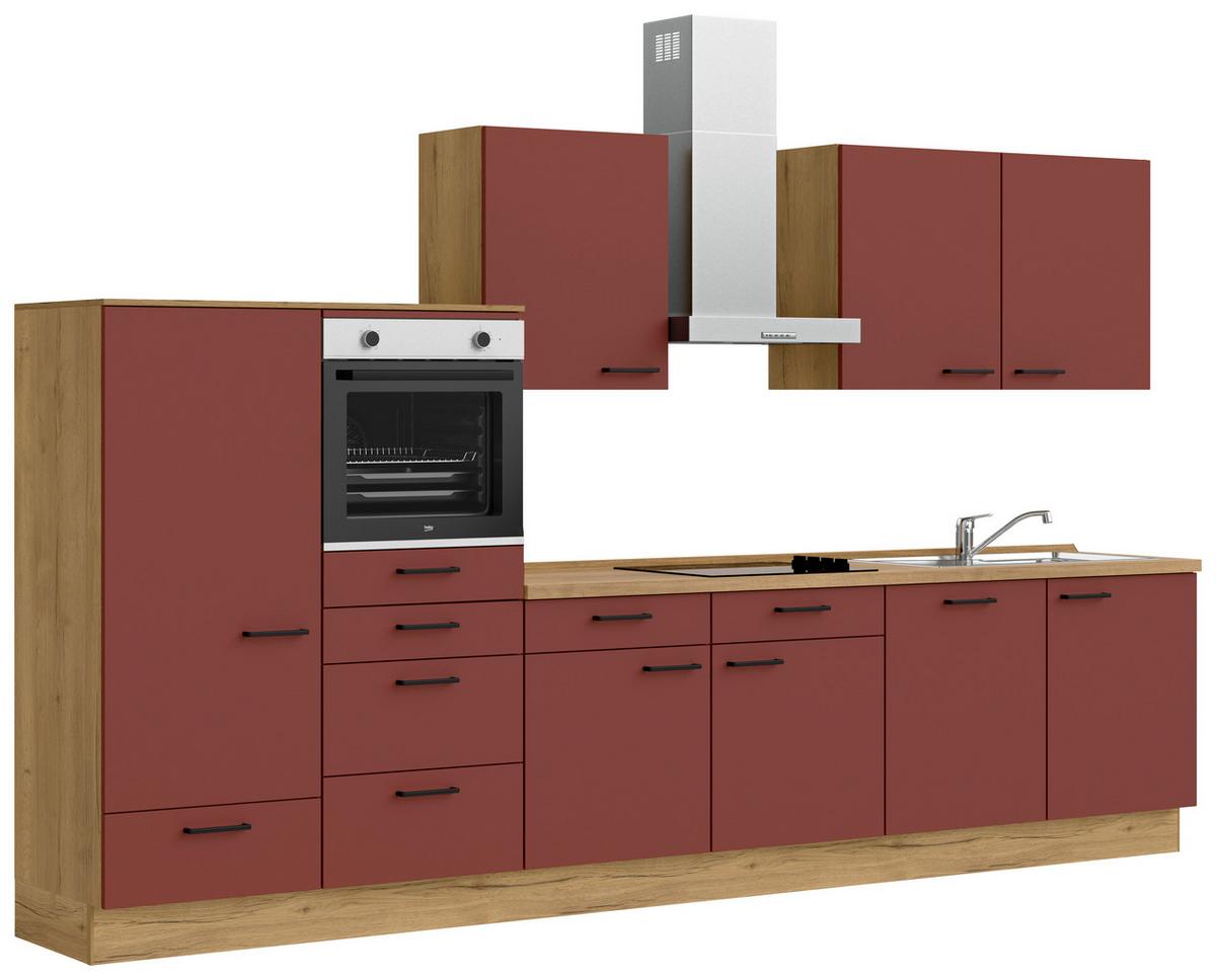 Küchenblock Easytouch Low m. Geräten Dunkelrot - Eichefarben/Schwarz, MODERN, Holzwerkstoff/Metall (360cm) - Nobilia