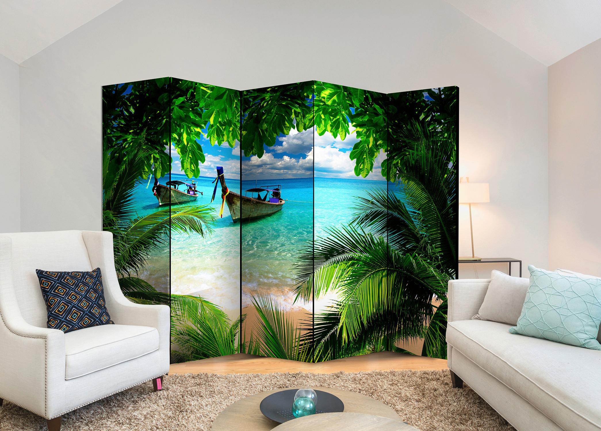 Paravan Tropical Paradise I, 5-Delni, Enostranski - svetlo modra/zelena, Basics, tekstil/les (225/172/3cm) - artgeist