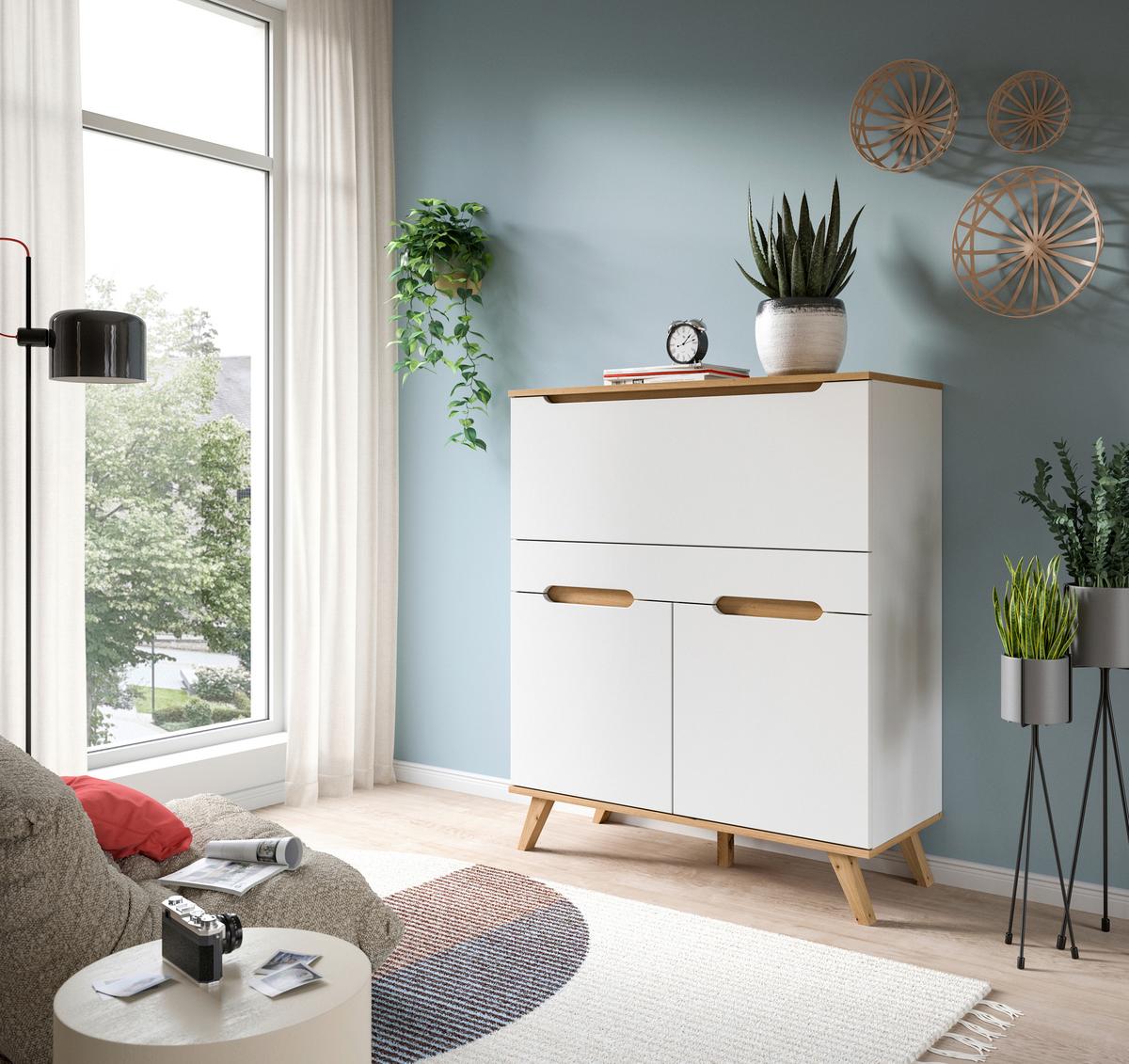 Komoda Stockholm - bijela/boje hrasta, Design, drvni materijal (100/118/40cm) - Modern Living