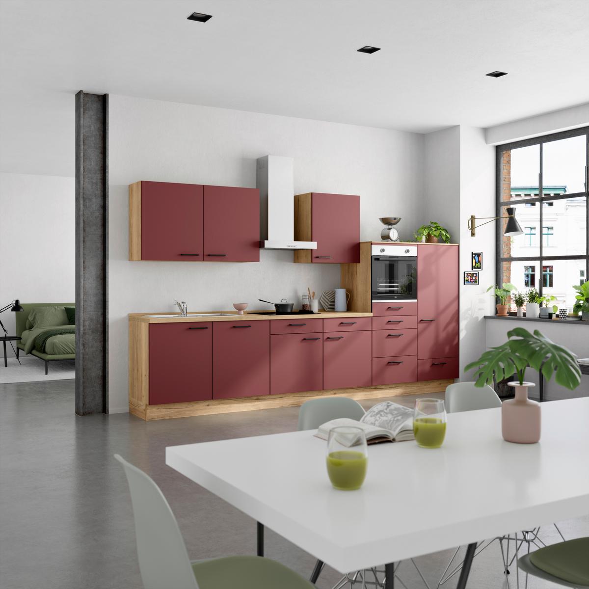 Küchenblock Easytouch Low m. Geräten Dunkelrot - Eichefarben/Schwarz, MODERN, Holzwerkstoff/Metall (360cm) - Nobilia