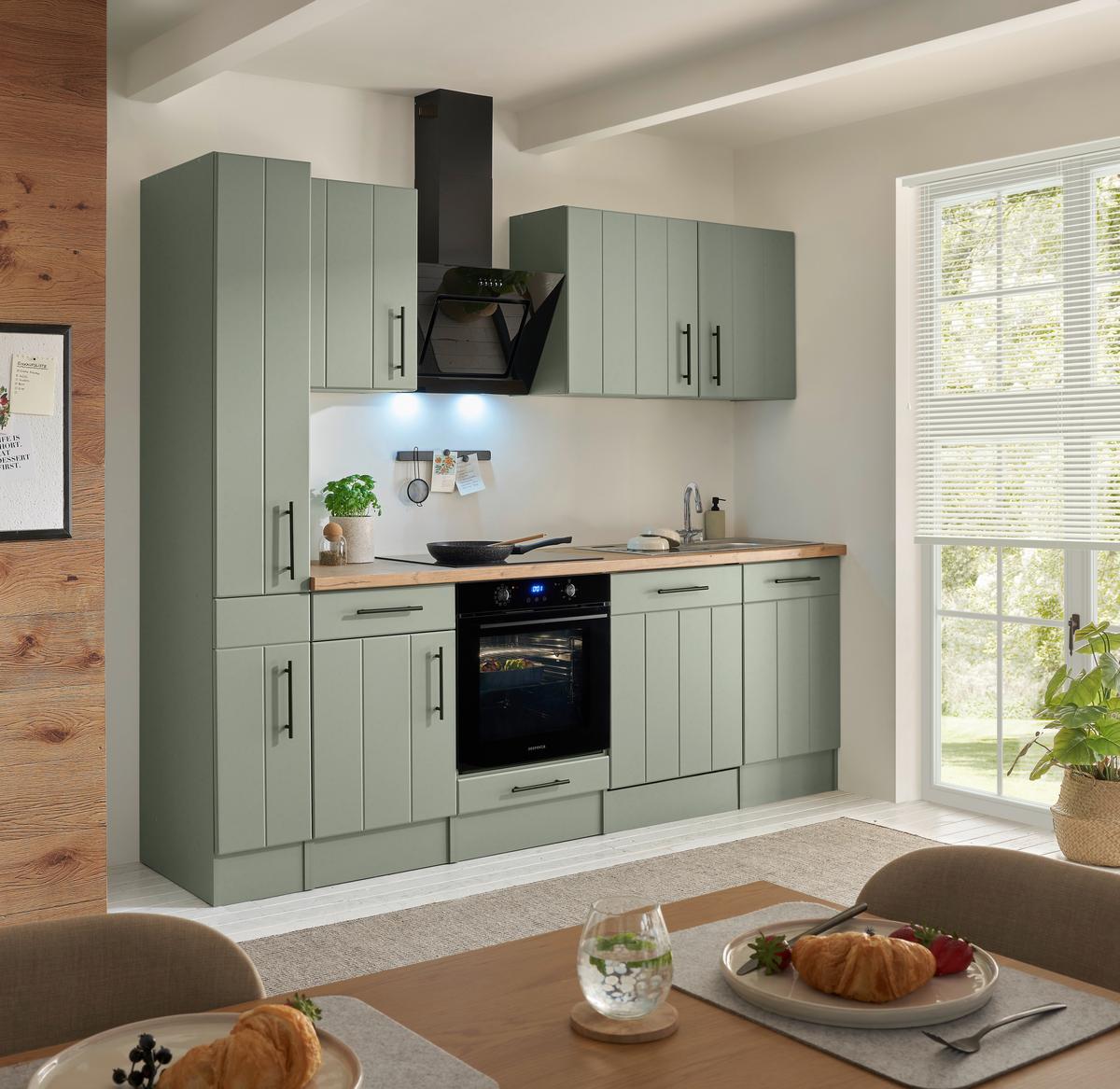 Küchenblock Anton m. Geräte Wildeiche/Schilfgrün - Schilfgrün/Wildeiche, Trend, Holzwerkstoff/Metall (250cm) - Respekta