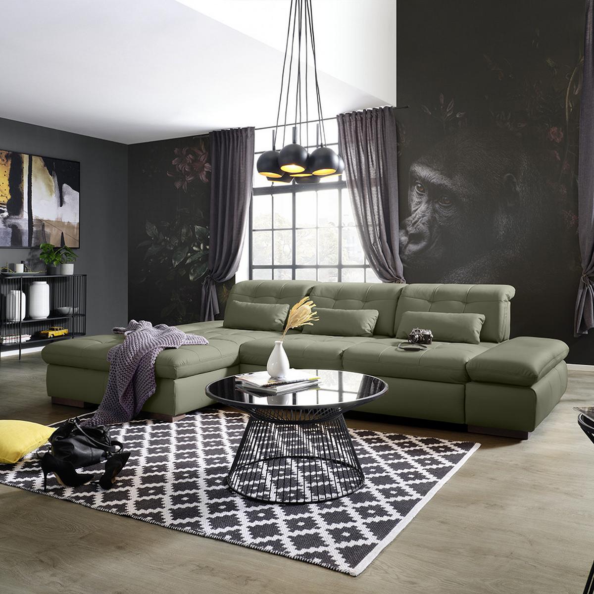 Wohnlandschaft Sanfino Leder Anthrazit - Chromfarben/Anthrazit, KONVENTIONELL, Leder/Metall (199/79-96/305cm) - Premium Living