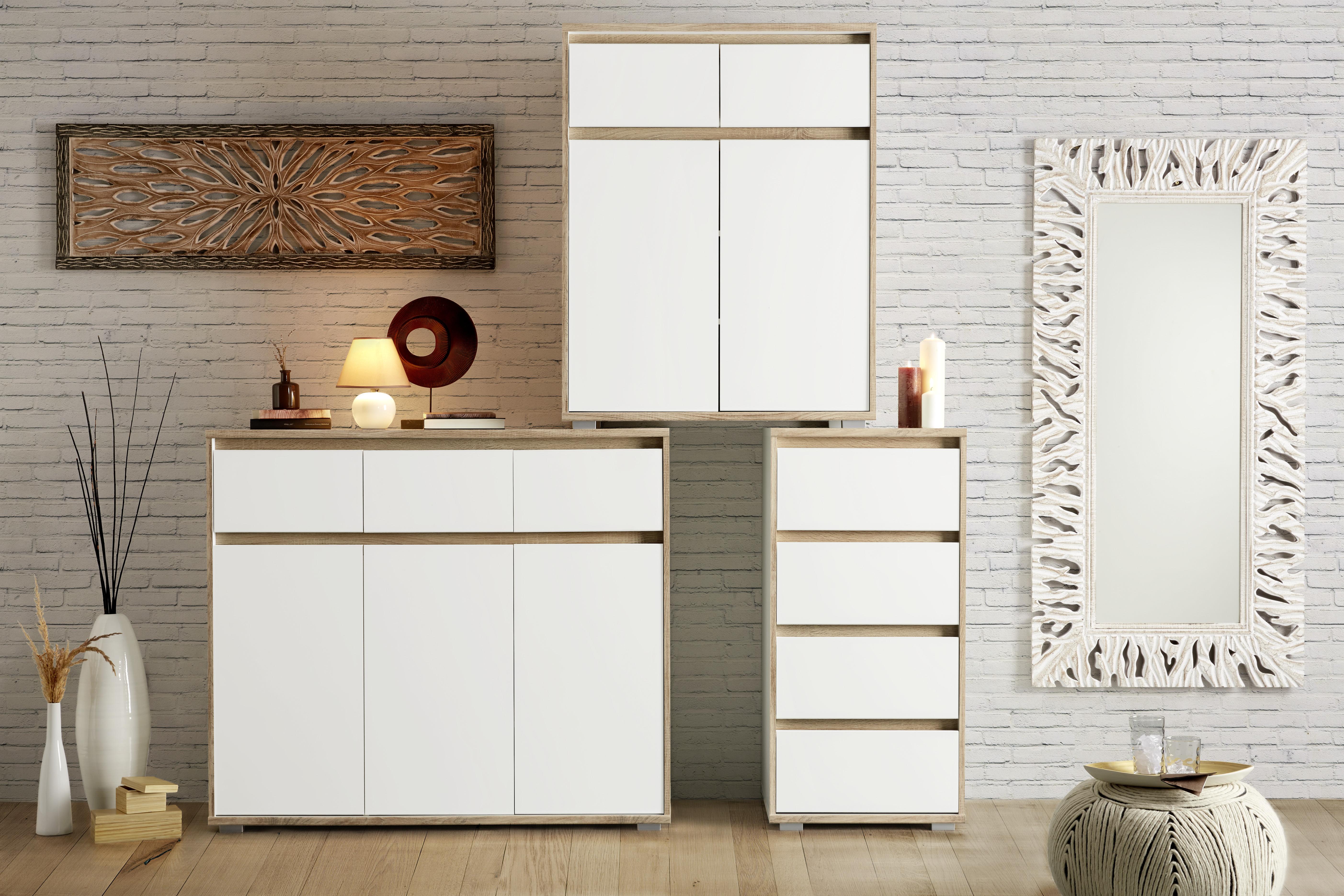 Sideboard in Weiß/Sonoma Eiche - Silberfarben/Weiß, MODERN, Holzwerkstoff (118cm) - Based