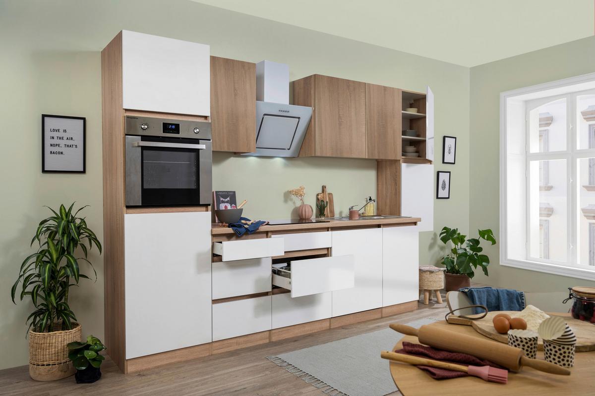 Küchenzeile Premium m. Geräte Weiß/Eiche Dekor B: ca. 330 cm - Eichefarben/Weiß Hochglanz, Basics, Holzwerkstoff (330cm) - Respekta