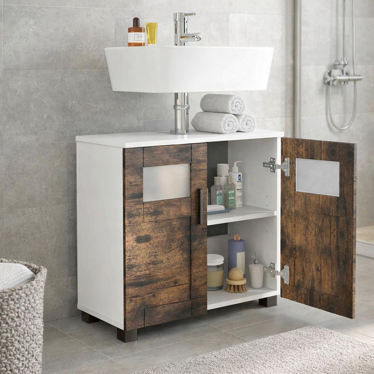 Waschbeckenunterschrank Nilari - Weiss/Eichefarben, Trend, Glas/Holzwerkstoff (60/60/29cm) - MID.YOU