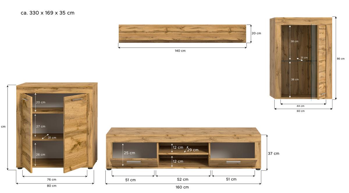 ANSAMBLU MOBILIER CAMERA DE Z JAM - stejar Wotan, Design, sticlă/material pe bază de lemn (330/169/35cm) - Modern Living