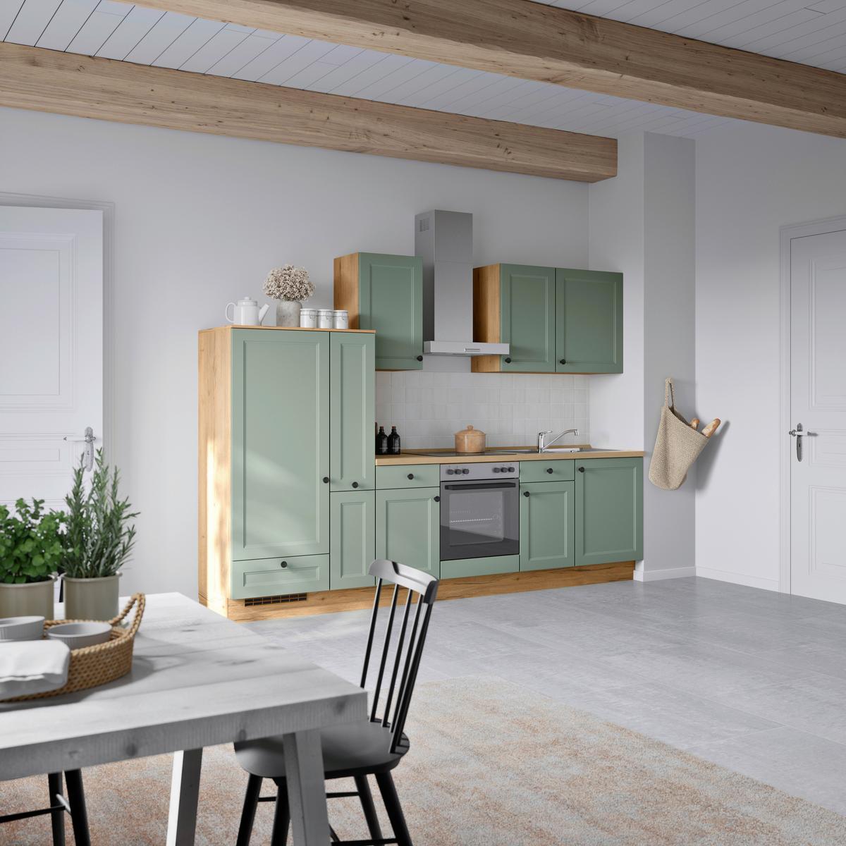 Küchenblock Cascada Low m. Geräten Schilfgrün - Schilfgrün/Eichefarben, MODERN, Holzwerkstoff/Metall (300cm) - Nobilia