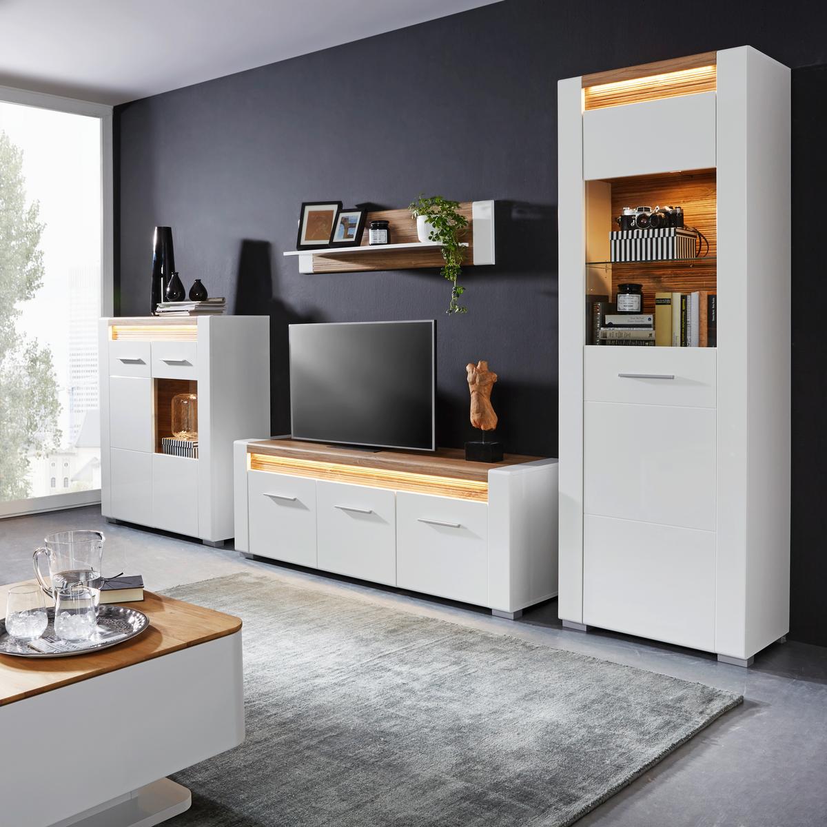 Vitrină Leonardo - alb/culoare lemn stejar, Modern, sticlă/material pe bază de lemn (70/201/40cm) - Modern Living