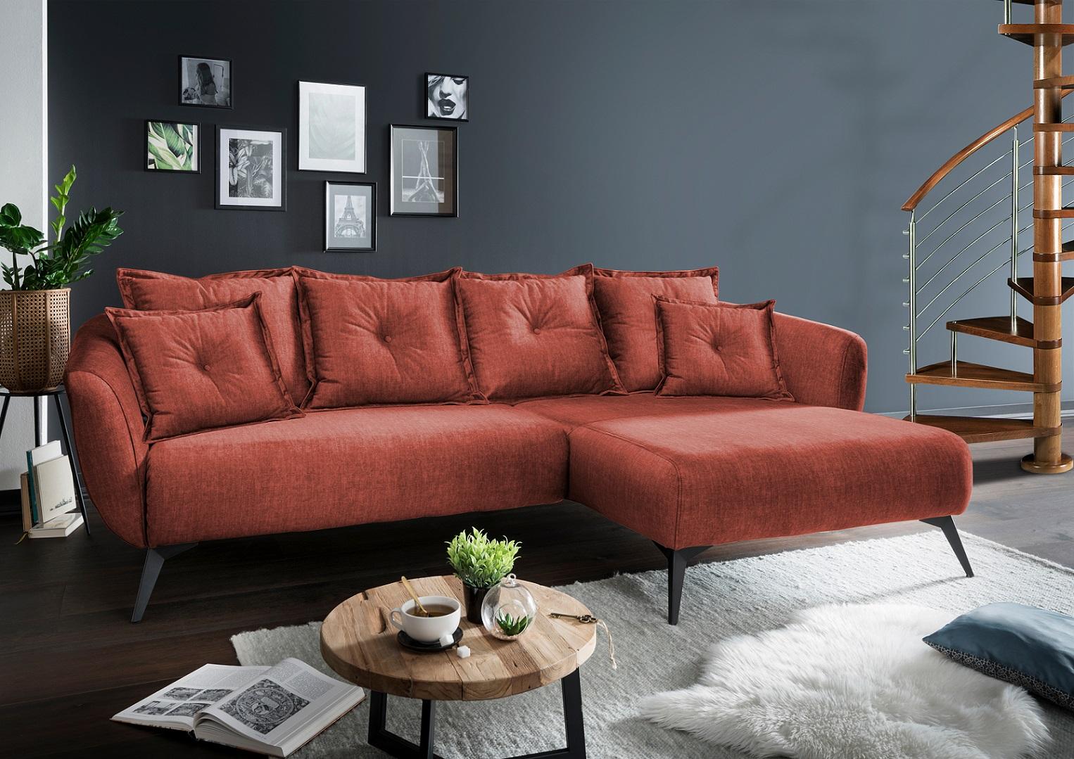 Wohnlandschaft Baggio Koralle Velours - Koralle/Schwarz, MODERN, Holz/Textil (277/162cm) - Livetastic