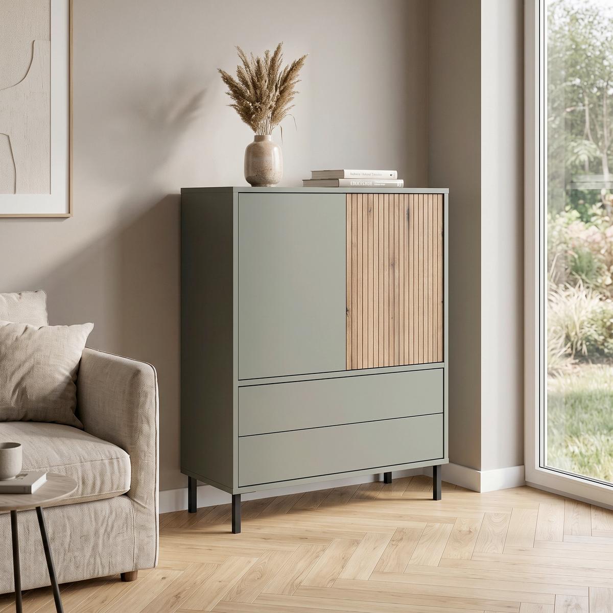 Comodă Pozzi - culoare lemn stejar/verde gri, Trend, material pe bază de lemn (78,2/105,2/40cm) - Modern Living