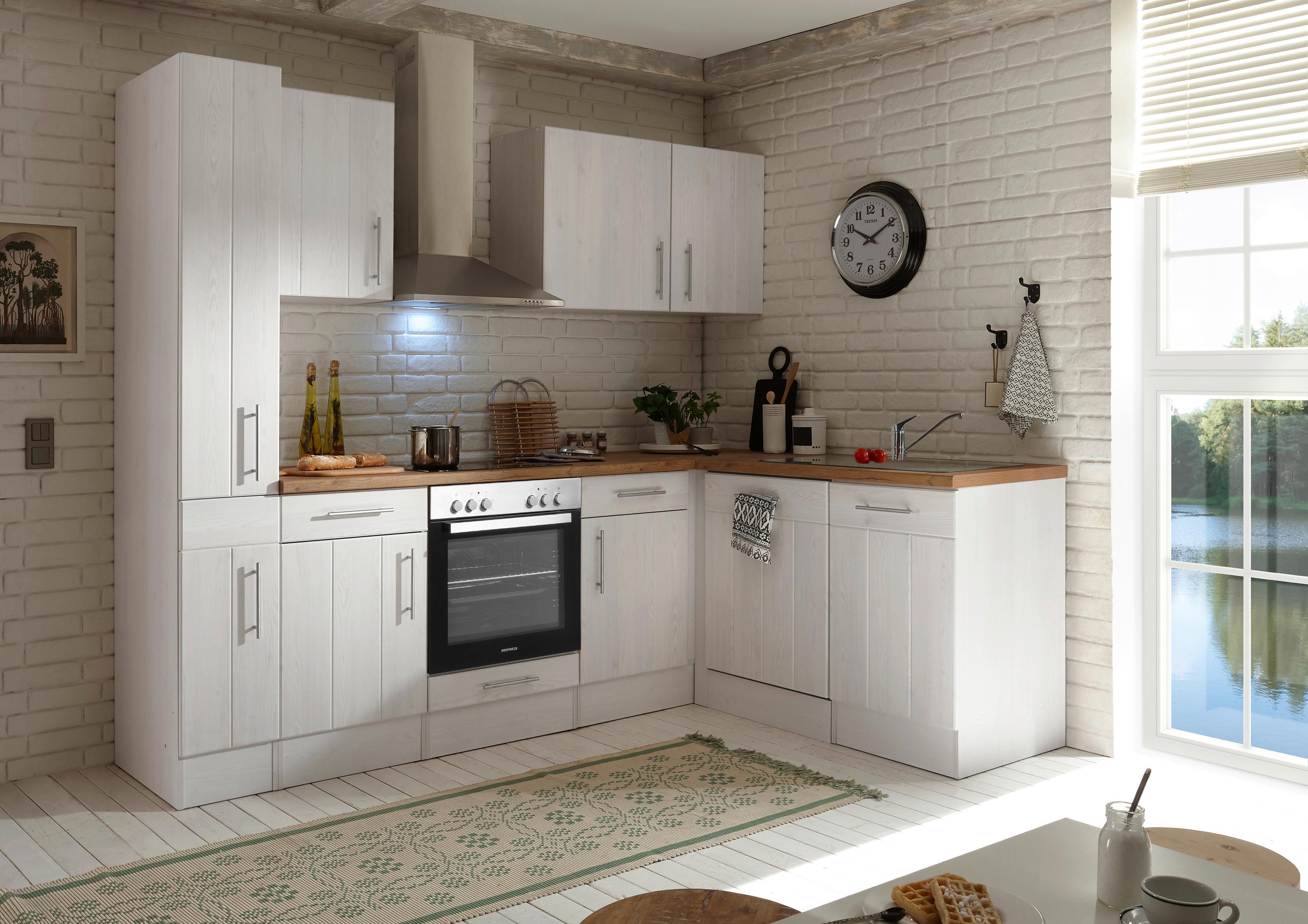 Eckküche Anton Landhaus ohne Geräte ca. 250x172cm Weiß - Wildeiche/Edelstahlfarben, Basics, Holzwerkstoff/Metall (250/172cm) - Respekta