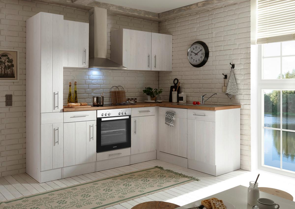 Eckküche Anton Landhaus ohne Geräte ca. 250x172cm Weiß - Wildeiche/Edelstahlfarben, Basics, Holzwerkstoff/Metall (250/172cm) - Respekta