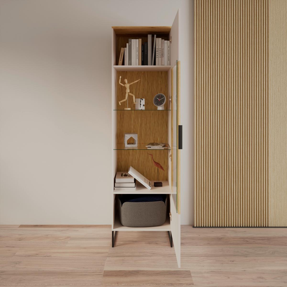 Vitrină KING - cașmir/culoare lemn stejar, Modern, sticlă/material pe bază de lemn (55,2/200/40cm) - Modern Living