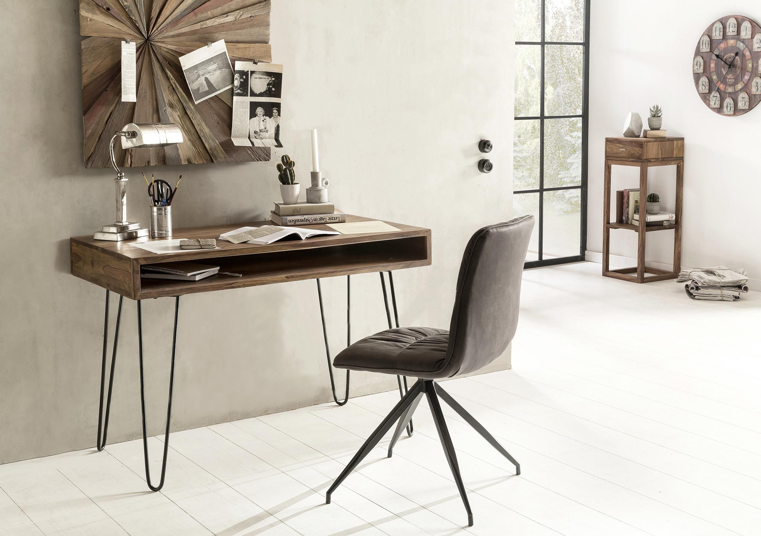 Schreibtisch "Bagli", aus Sheesham - Sheeshamfarben/Schwarz, Design, Holz/Metall (110/60/76cm) - MID.YOU